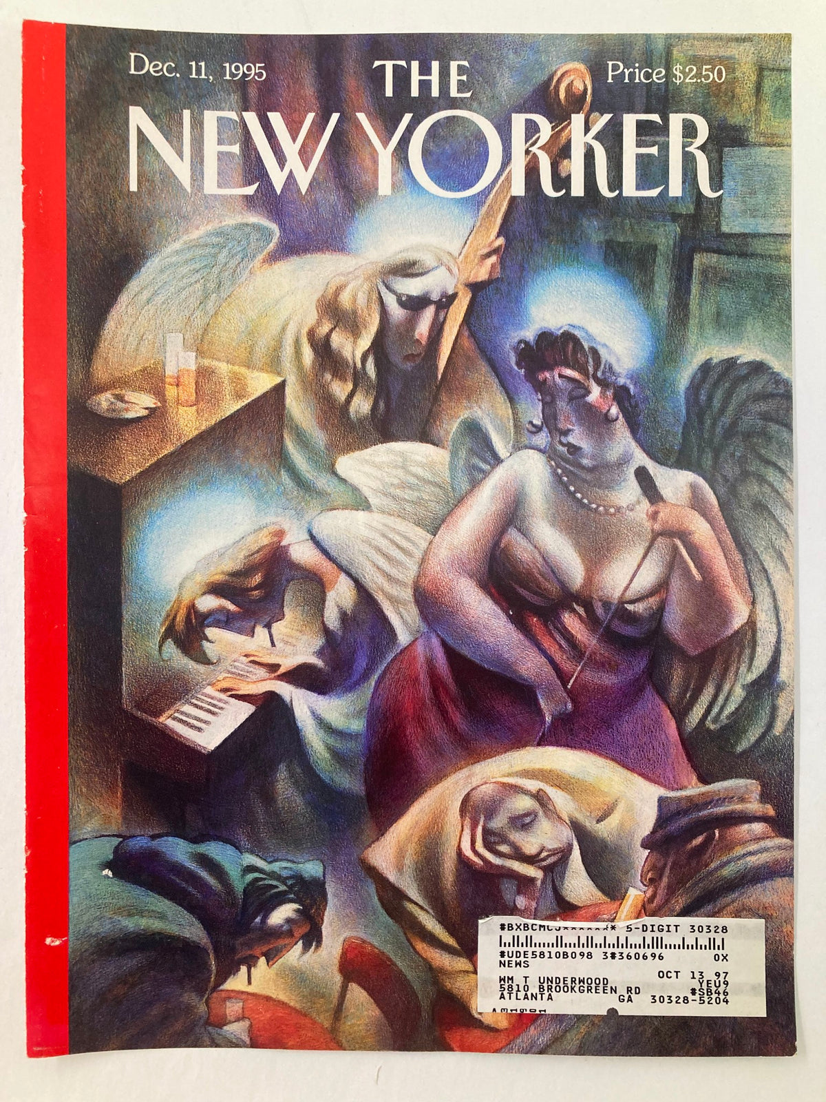 Cover of The New Yorker, December 11, 1995, titled 'Heavenly Blues' by Carter Goodrich, featuring vibrant illustration of angels and musicians.