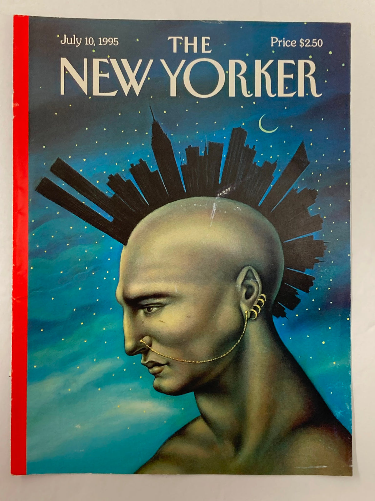 Close-up view of The New Yorker cover from July 10, 1995, displaying 'Mohawk Manhattan' by Anita Kunz, highlighting the artistic details of a bald figure with a city silhouette.