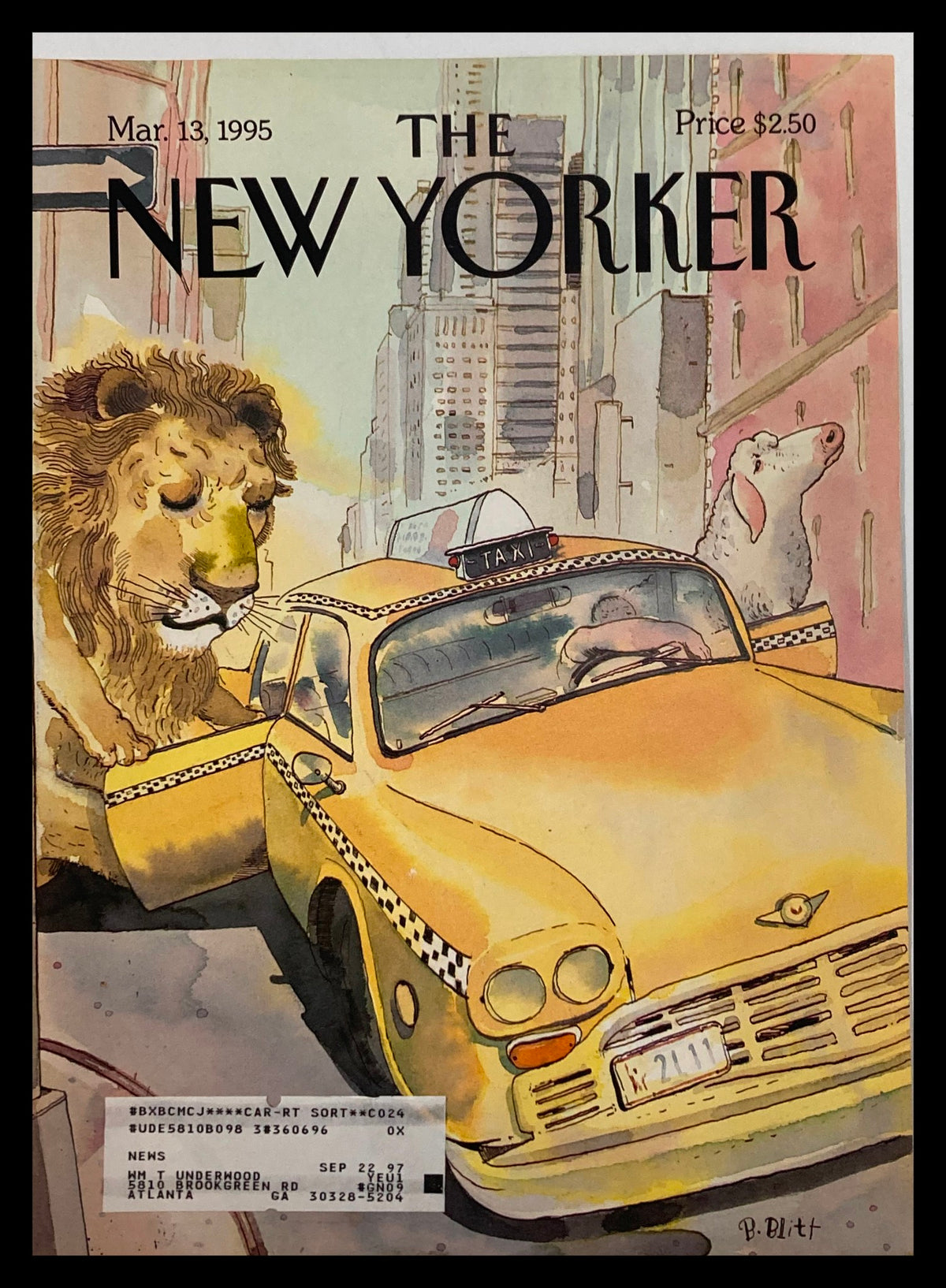 Cover of The New Yorker dated March 13, 1995, titled 'Rides of March' by Barry Blitt, featuring a lion and a dog near a yellow taxi in a city street scene.