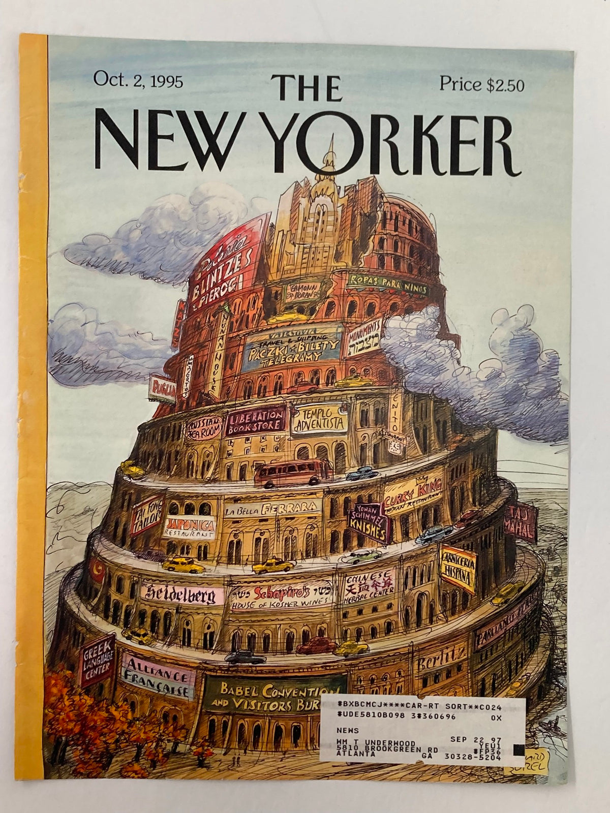 The New Yorker magazine cover from October 2, 1995, showcasing the Tower of Babel illustration titled 'I Love Babel' by Edward Sorel, highlighting various cultural elements.