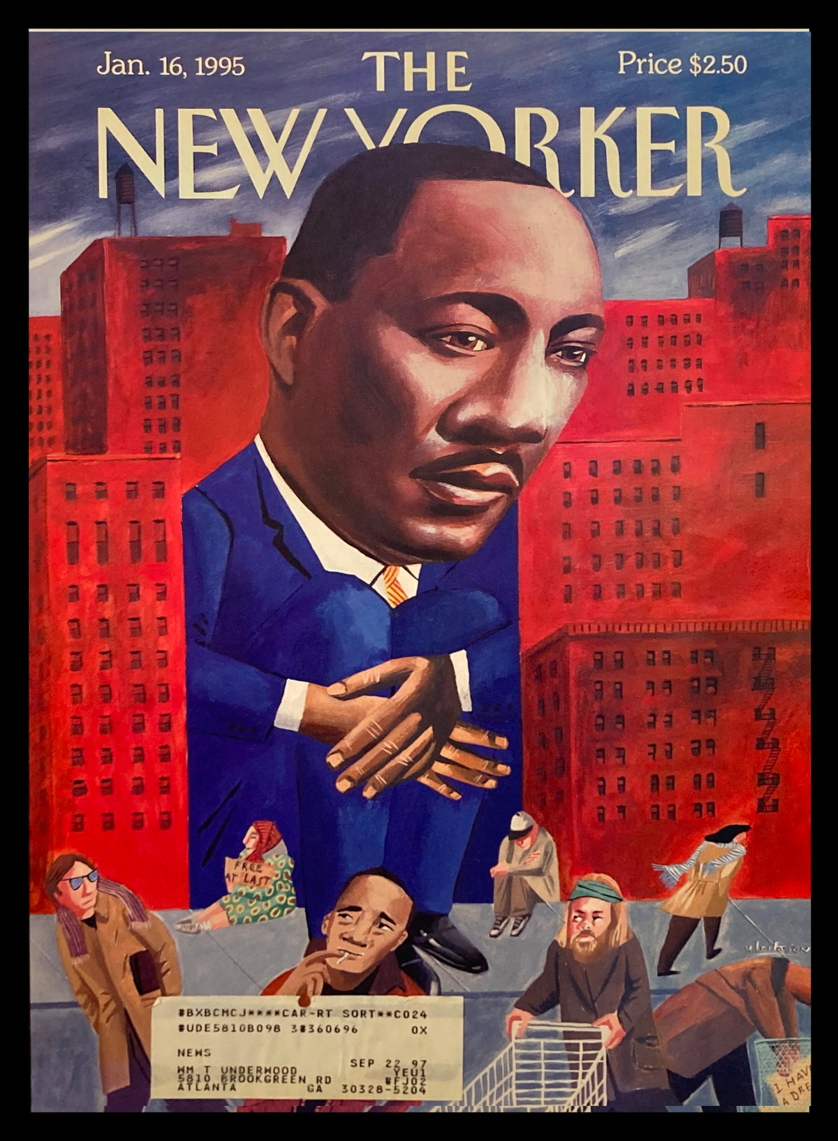 Cover of The New Yorker January 16, 1995 featuring an illustration of Martin Luther King Jr. by M. Ulriksen, depicting a powerful tribute to the civil rights leader against a vibrant urban backdrop.