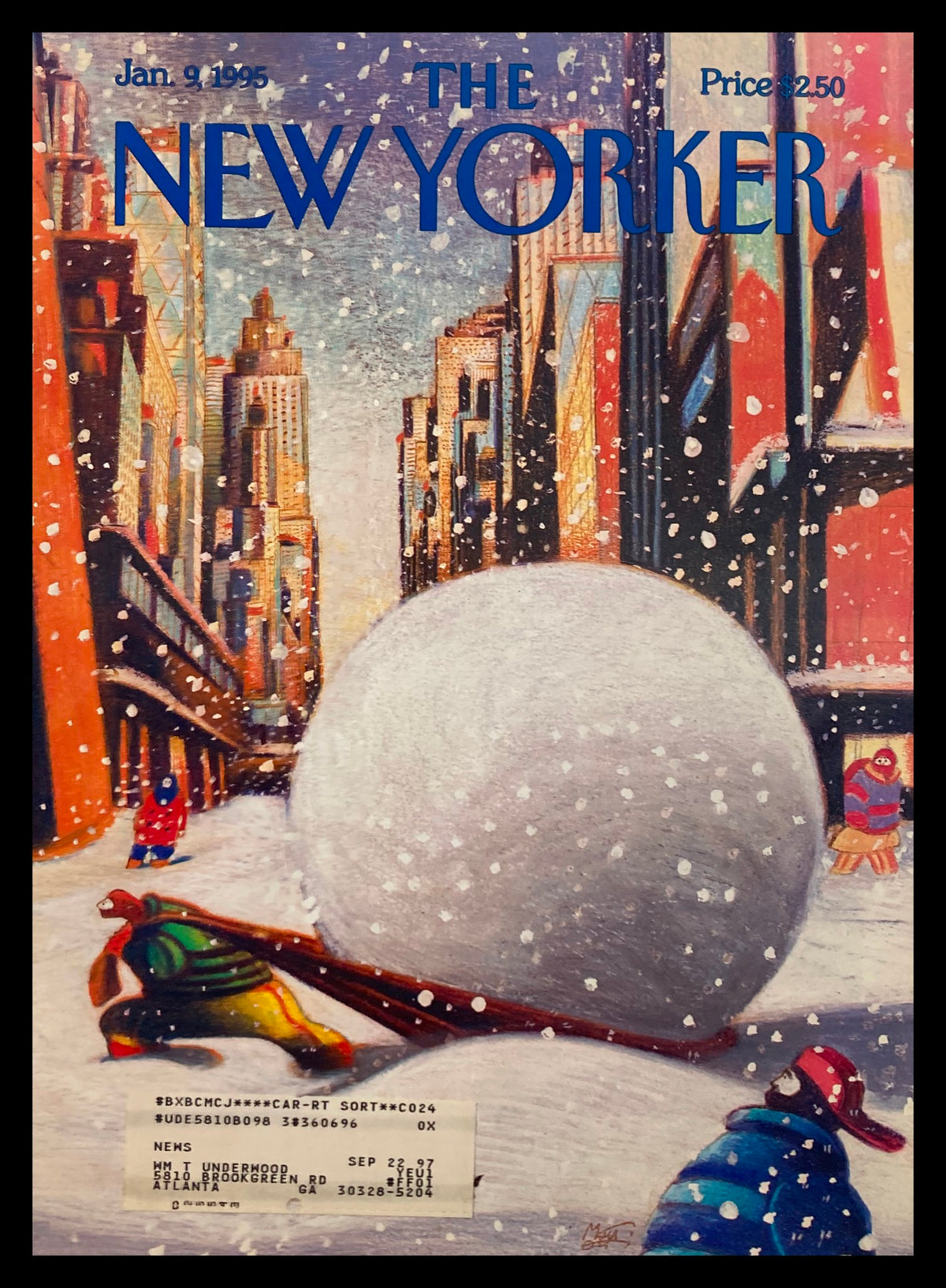 Cover of The New Yorker magazine from January 9, 1995, featuring the artwork 'Snow Haul' by Lorenzo Mattotti, depicting a snowy city scene with children playing in the snow and a large snowball.