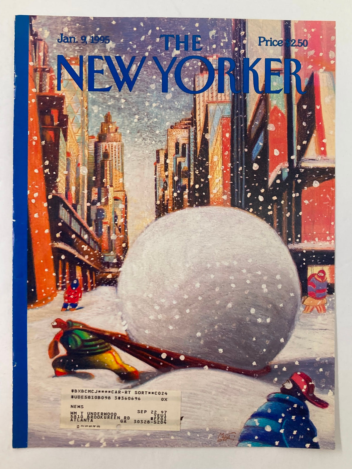 Cover of The New Yorker magazine dated January 9, 1995, showcasing the artwork 'Snow Haul' by Lorenzo Mattotti, illustrating a vibrant winter scene with snowflakes falling over a city street and children building a snowball.