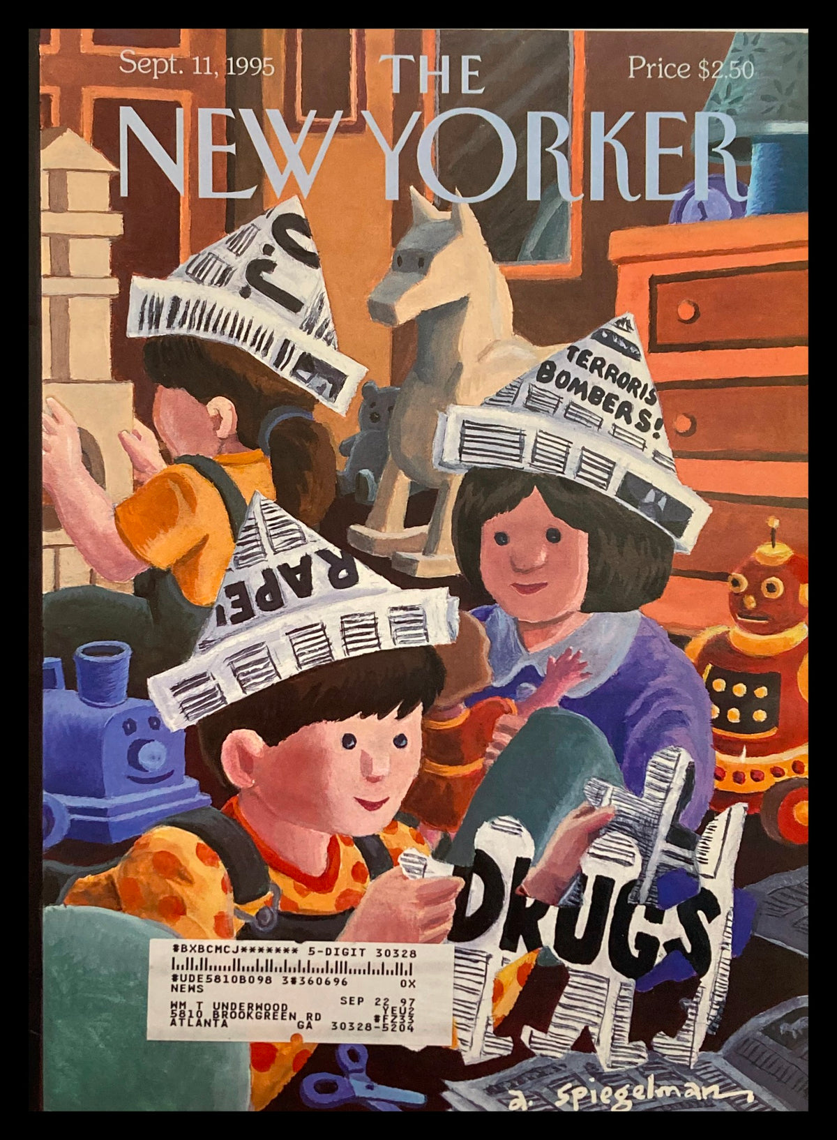 Cover of The New Yorker September 11 1995 featuring artwork 'News R Us' by Art Spiegelman, depicting children playing with toys while wearing newspaper hats with headlines.