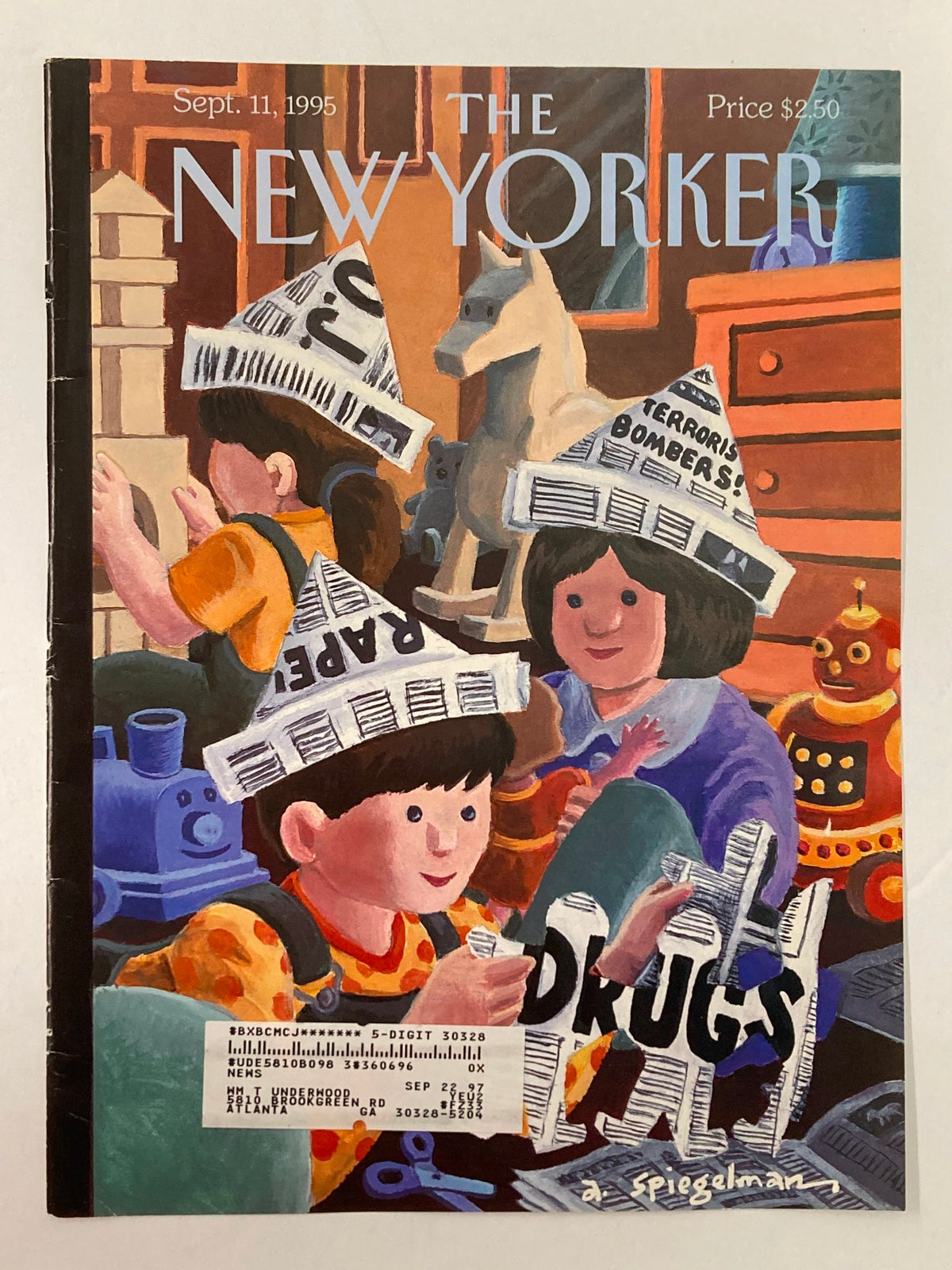 Cover of The New Yorker September 11 1995 showcasing 'News R Us' artwork by Art Spiegelman, illustrating kids with newspaper hats and toys in a nostalgic scene.
