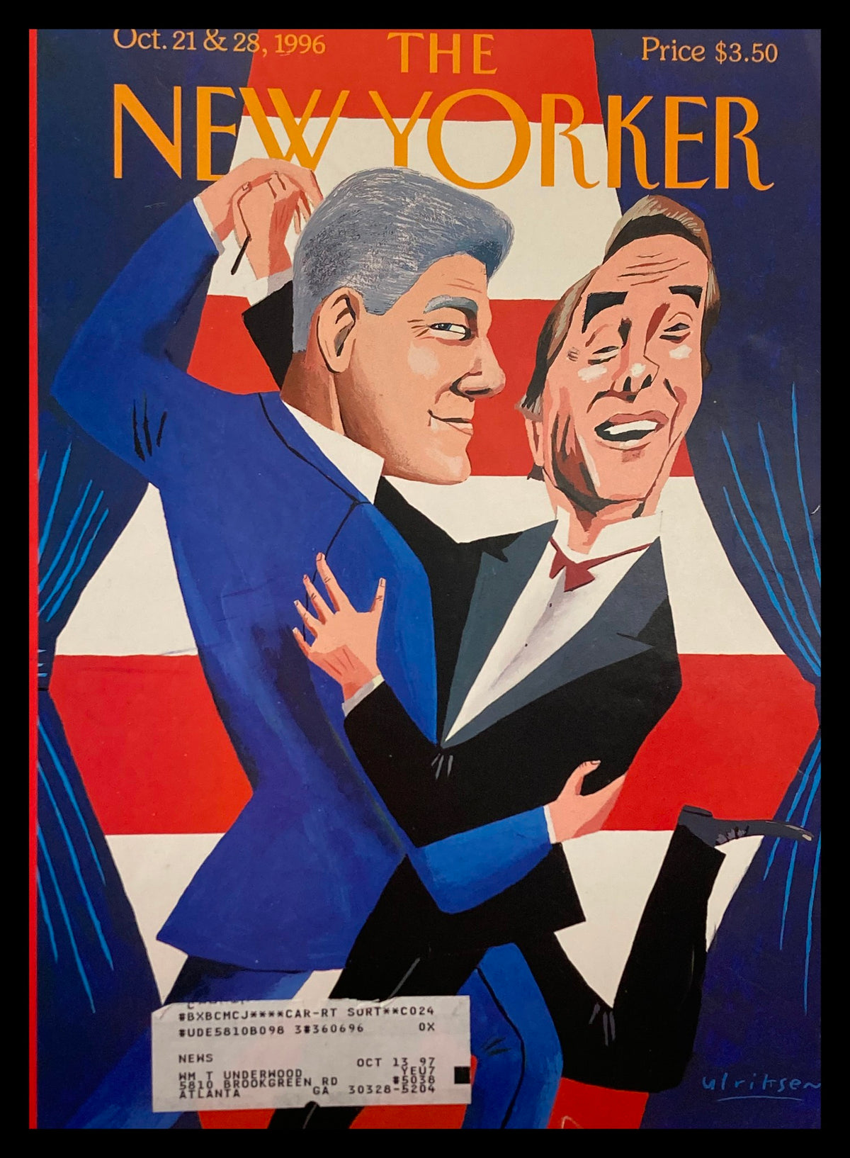 Cover of The New Yorker dated October 21, 1996, featuring a colorful illustration of Bill Clinton and Bob Dole, by Mark Ulriksen.
