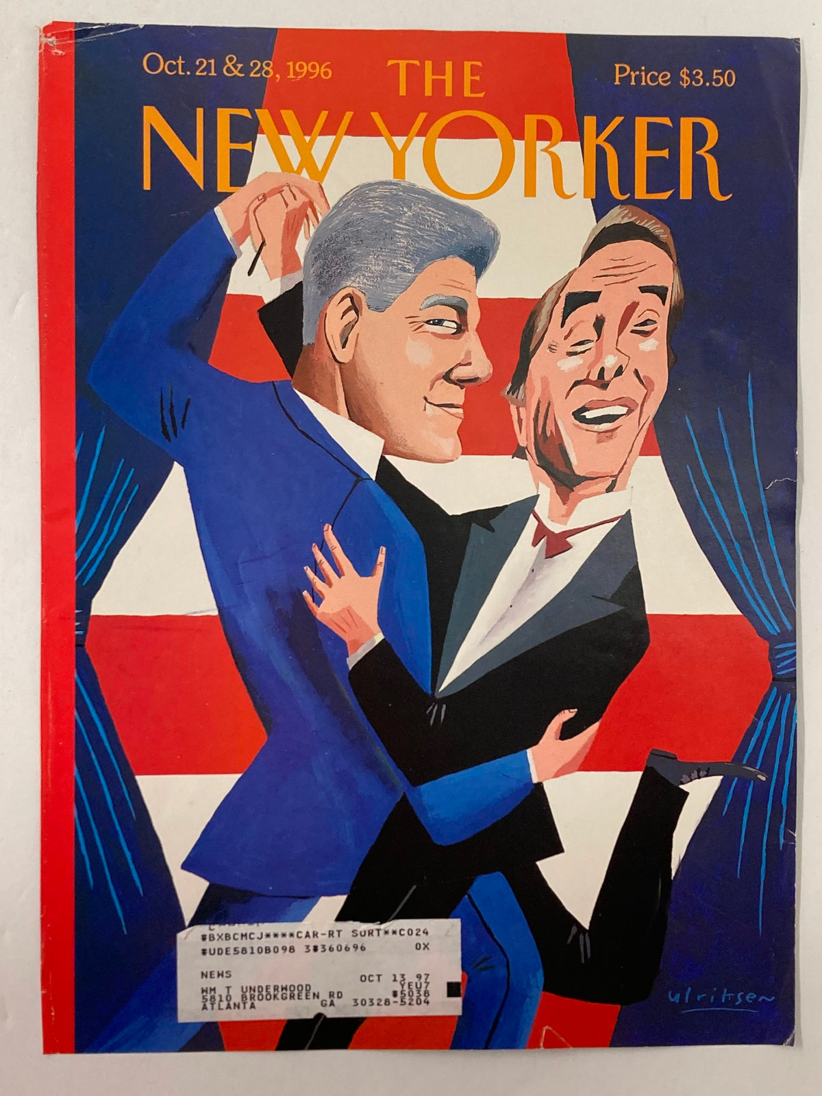 The New Yorker cover from October 21, 1996, showcasing an artistic depiction of Bill Clinton and Bob Dole, illustrated by Mark Ulriksen.