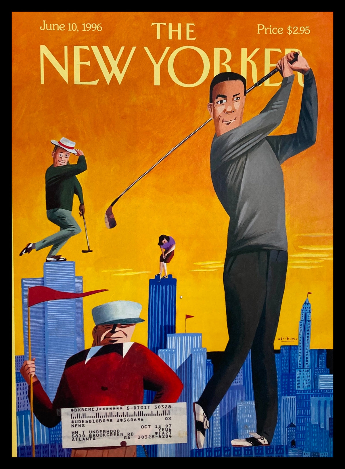 Cover of The New Yorker dated June 10, 1996, featuring vibrant artwork by Mark Ulriksen, showcasing a whimsical city golf theme with characters playing golf against an urban skyline.