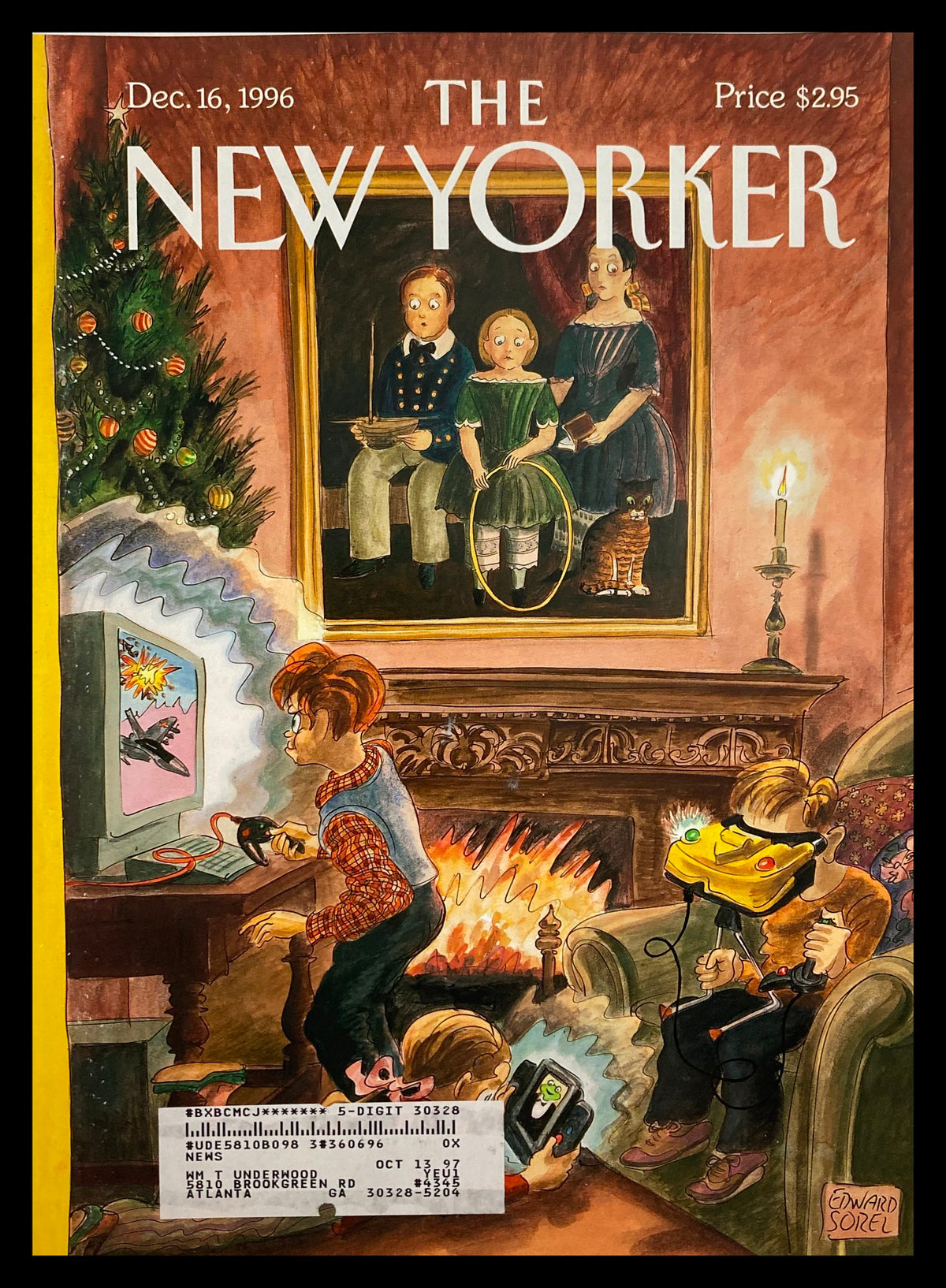Cover of The New Yorker dated December 16, 1996, illustrated by Edward Sorel, depicting children playing video games around a festive Christmas setting with a decorated tree and characters in the background.