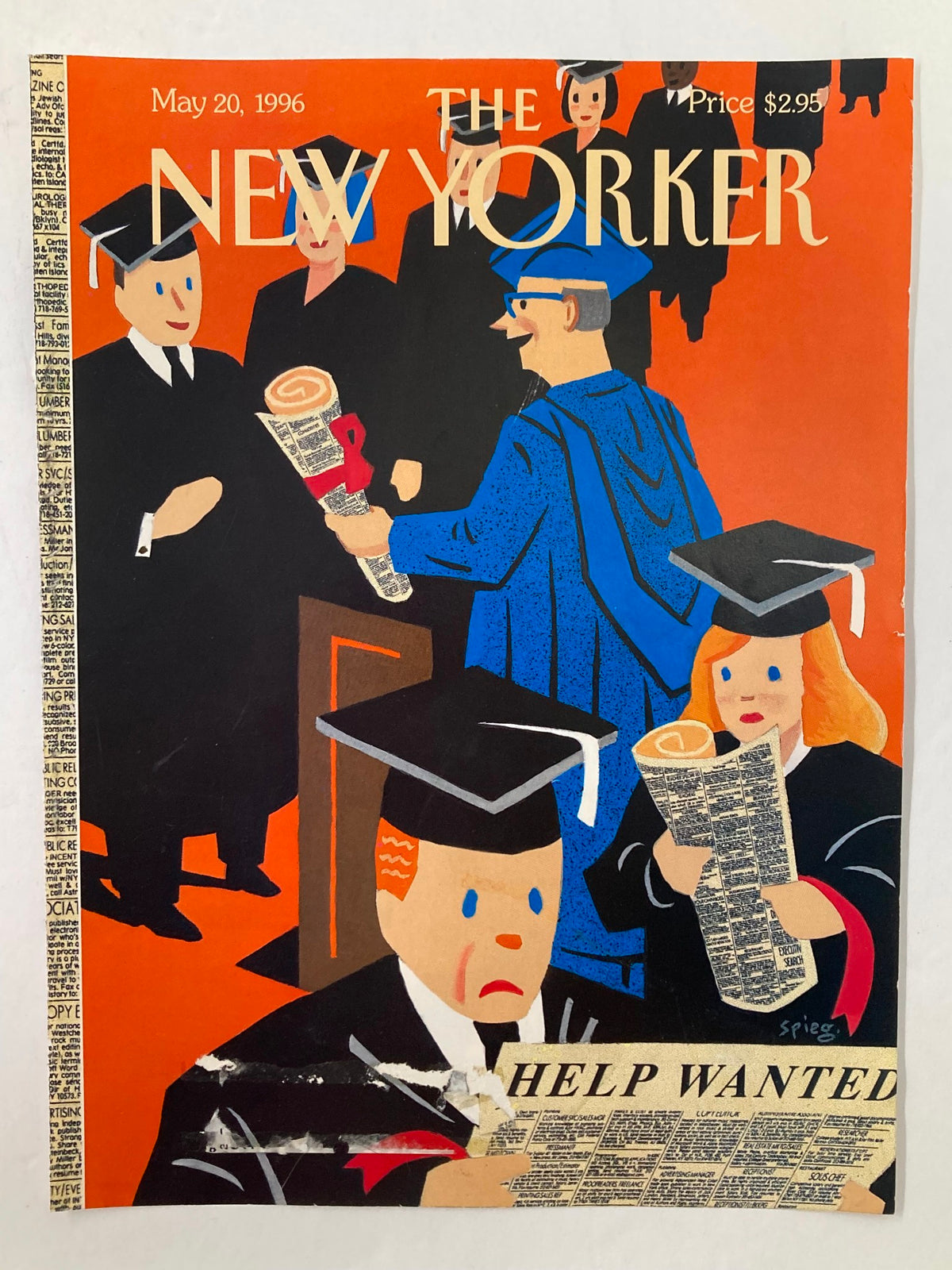 Cover Only The New Yorker May 20, 1996 by Art Spiegelman, showcasing a vibrant depiction of graduation scenes with graduates and newspapers, representing the cultural atmosphere of the mid-1990s.