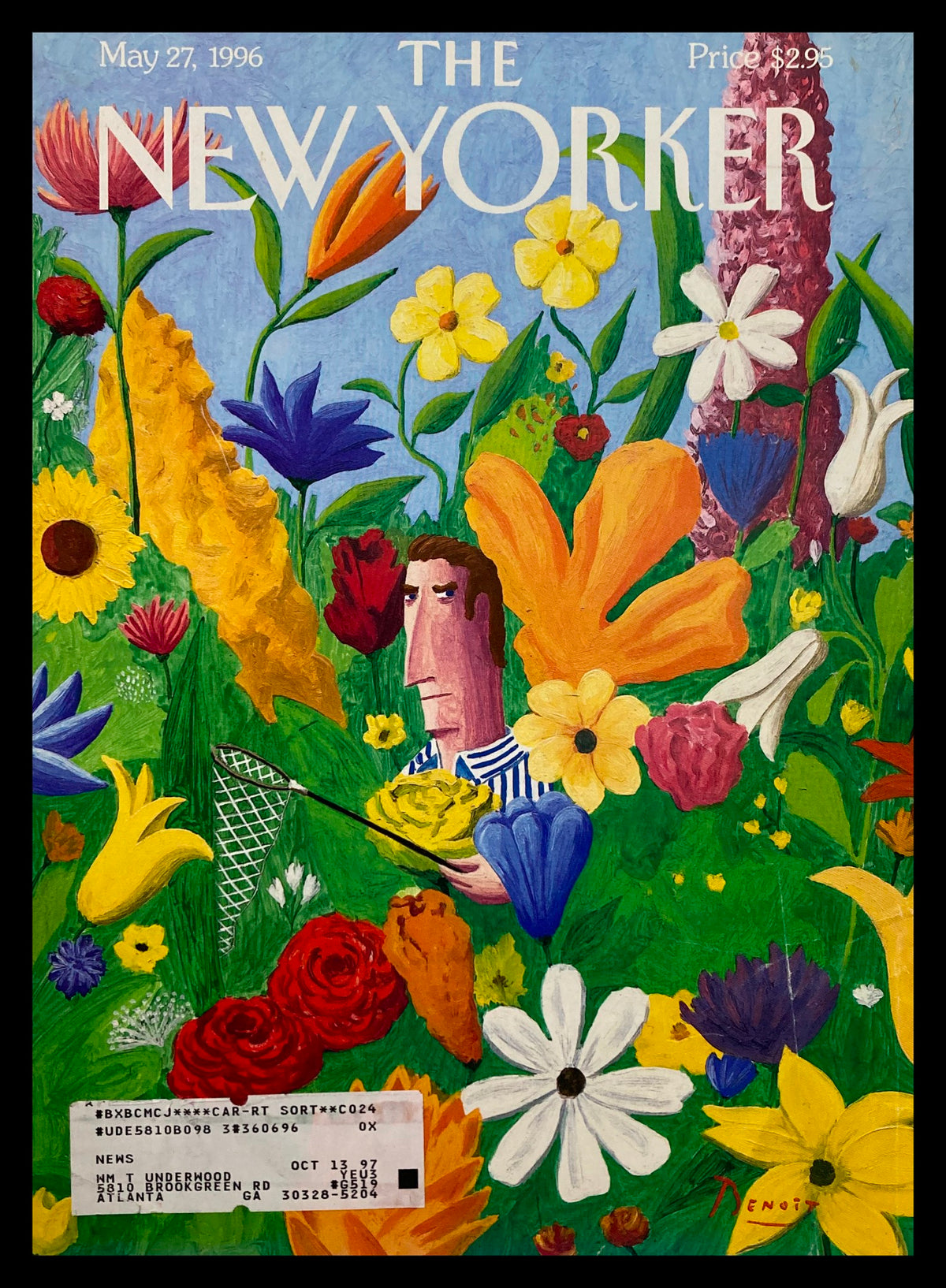 Cover of The New Yorker May 27 1996, titled 'The Great Outdoors' by Benoit van Innis, featuring a colorful illustration of flowers and a man holding a butterfly net.