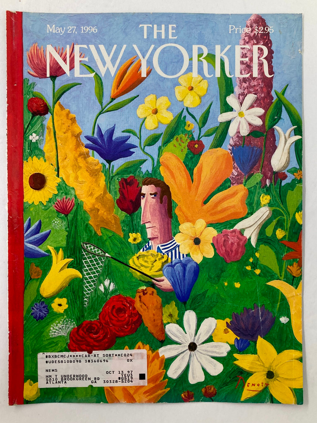 Front view of The New Yorker May 27 1996 cover, showcasing 'The Great Outdoors' illustration by Benoit van Innis, with vibrant flowers and a man mid-action.