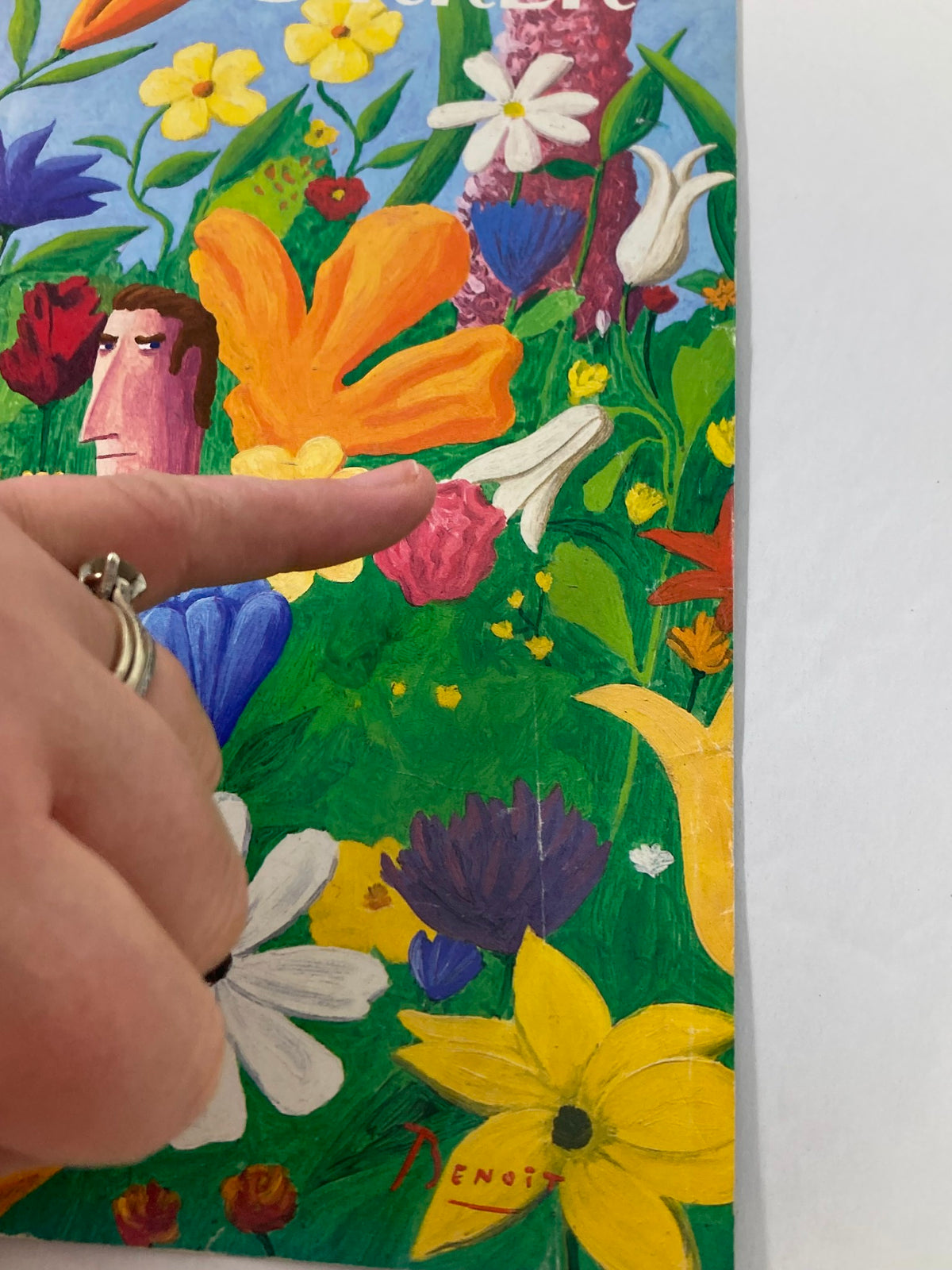 Detail shot of The New Yorker May 27 1996 cover, highlighting the intricate flowers and signature of artist Benoit van Innis on 'The Great Outdoors' illustration.