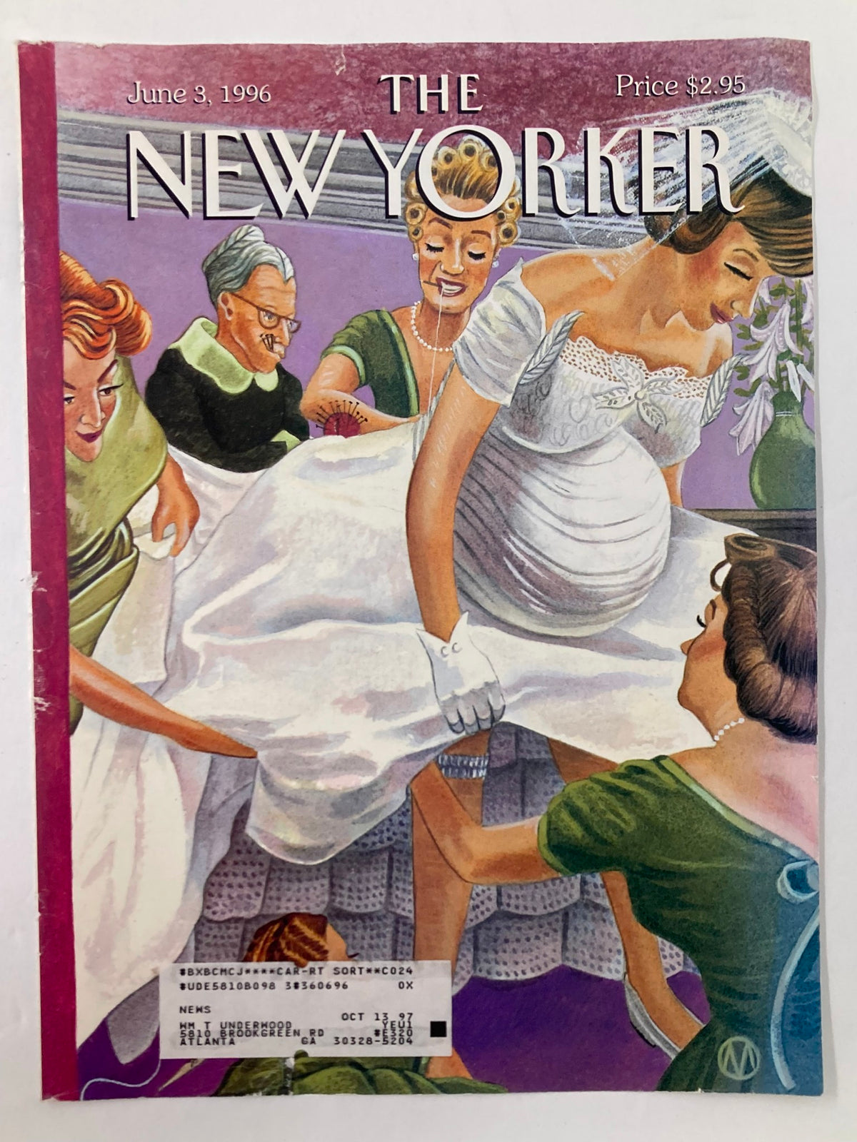 The New Yorker cover dated June 3, 1996, featuring 'Altared States', depicts a scene with a smiling pregnant bride surrounded by women helping her, capturing the essence of 90s culture with vivid artistic flair.