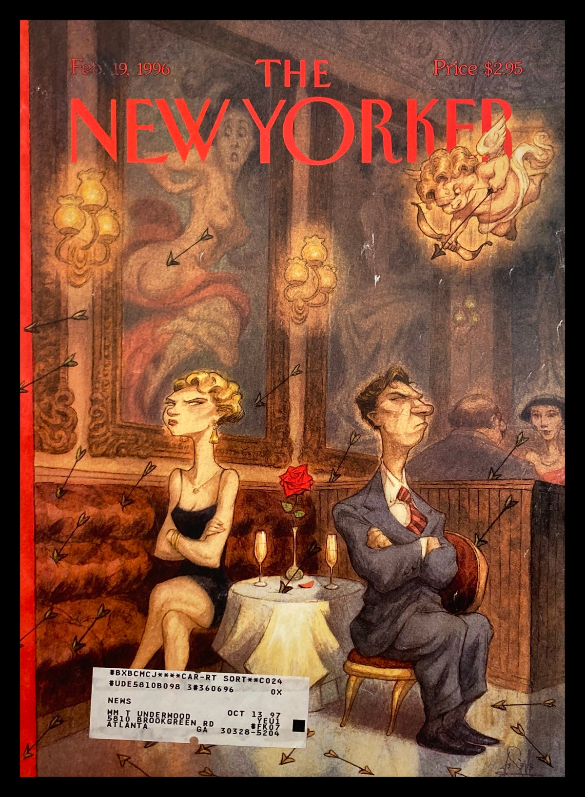 The New Yorker Cover February 19 1996 titled 'Cupid's Volley' by Peter de Seve, showing a couple at a table in a romantic setting with Cupid illustrations in the background.
