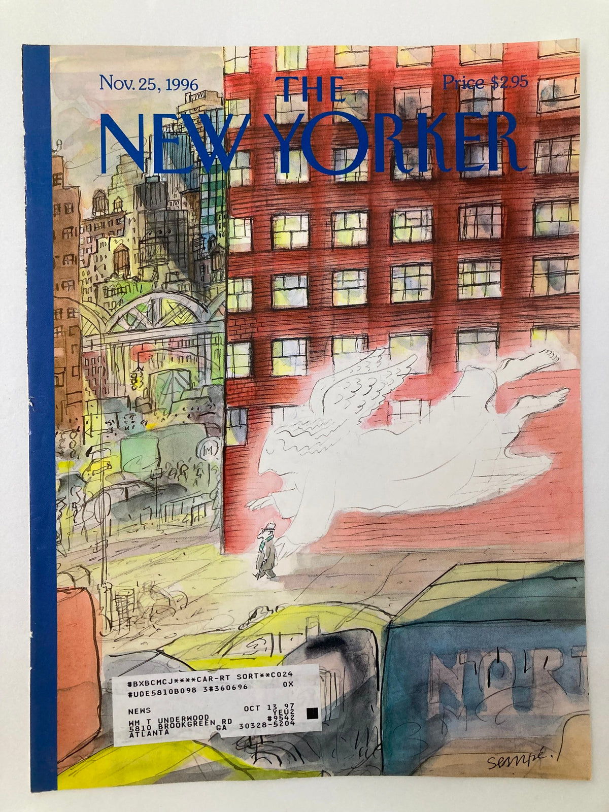 Cover of The New Yorker November 25, 1996, featuring 'Guardian Angel' illustration by J. J. Sempe, showcasing a whimsical urban scene with a ghostly figure and vibrant city colors.