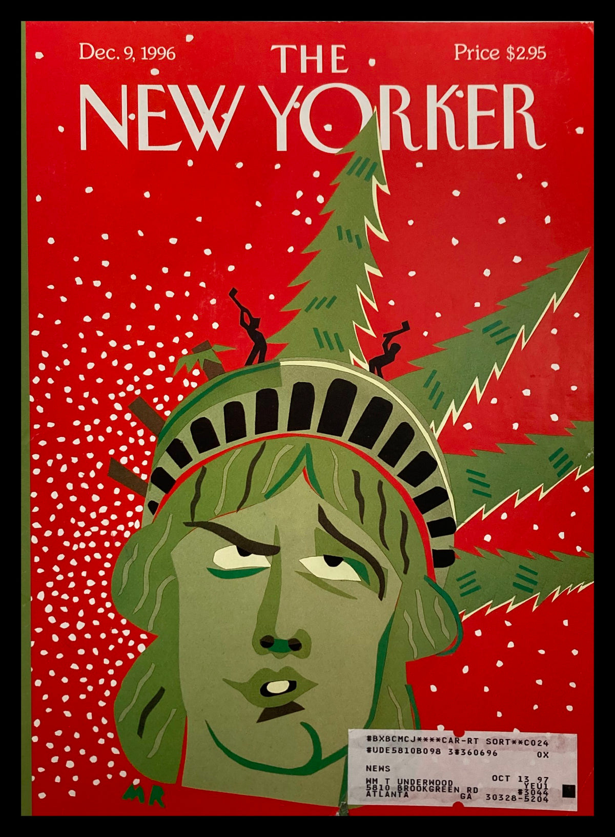 Cover of The New Yorker December 9, 1996 titled 'Christmas Chopping' featuring the Statue of Liberty adorned with holiday decorations against a red background, illustrated by Michael Roberts.