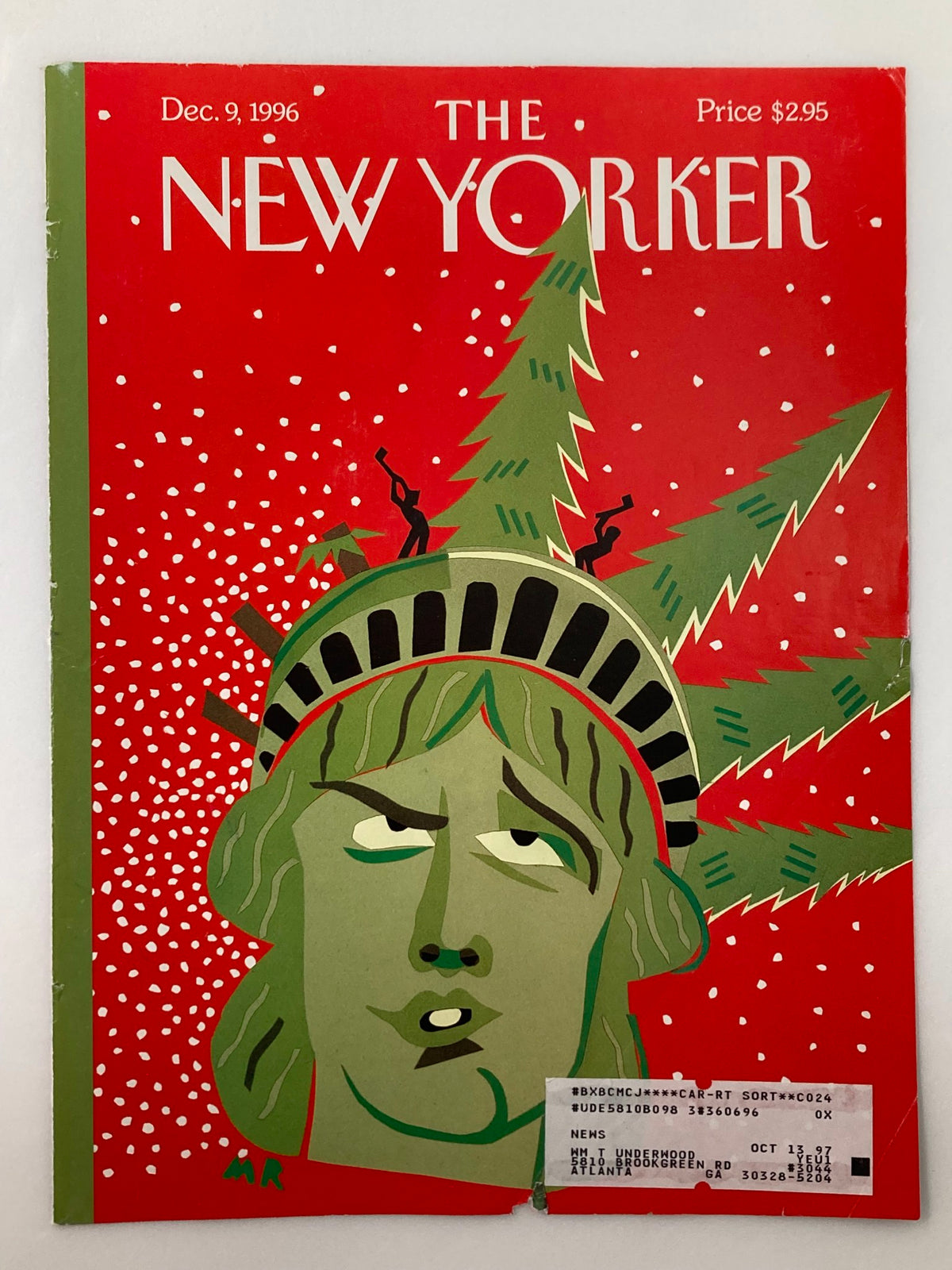 The New Yorker cover from December 9, 1996, titled 'Christmas Chopping,' showcasing a whimsical depiction of the Statue of Liberty surrounded by Christmas trees and snowflakes.
