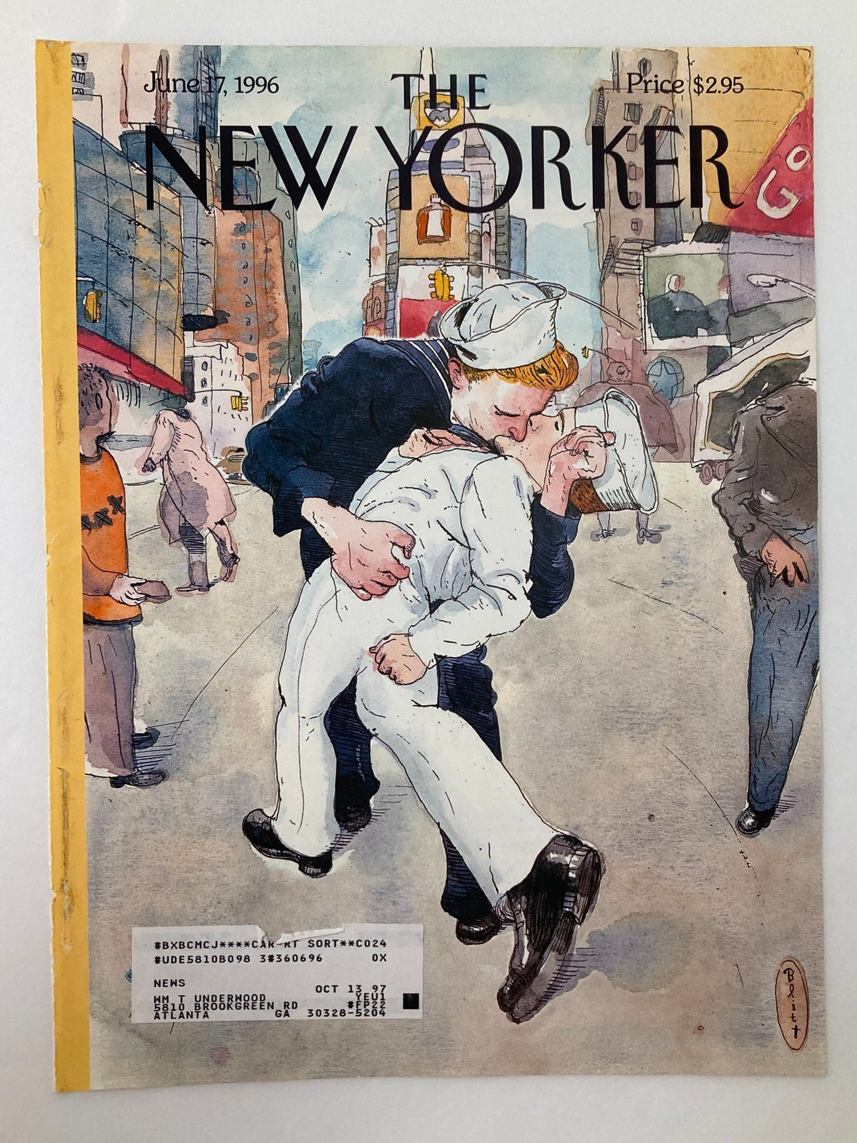 Cover of The New Yorker from June 17, 1996, titled 'Don't Ask' by Barry Blitt, depicting a romantic scene of a sailor kissing a nurse amidst a bustling city background, symbolizing the artistic essence of the era.