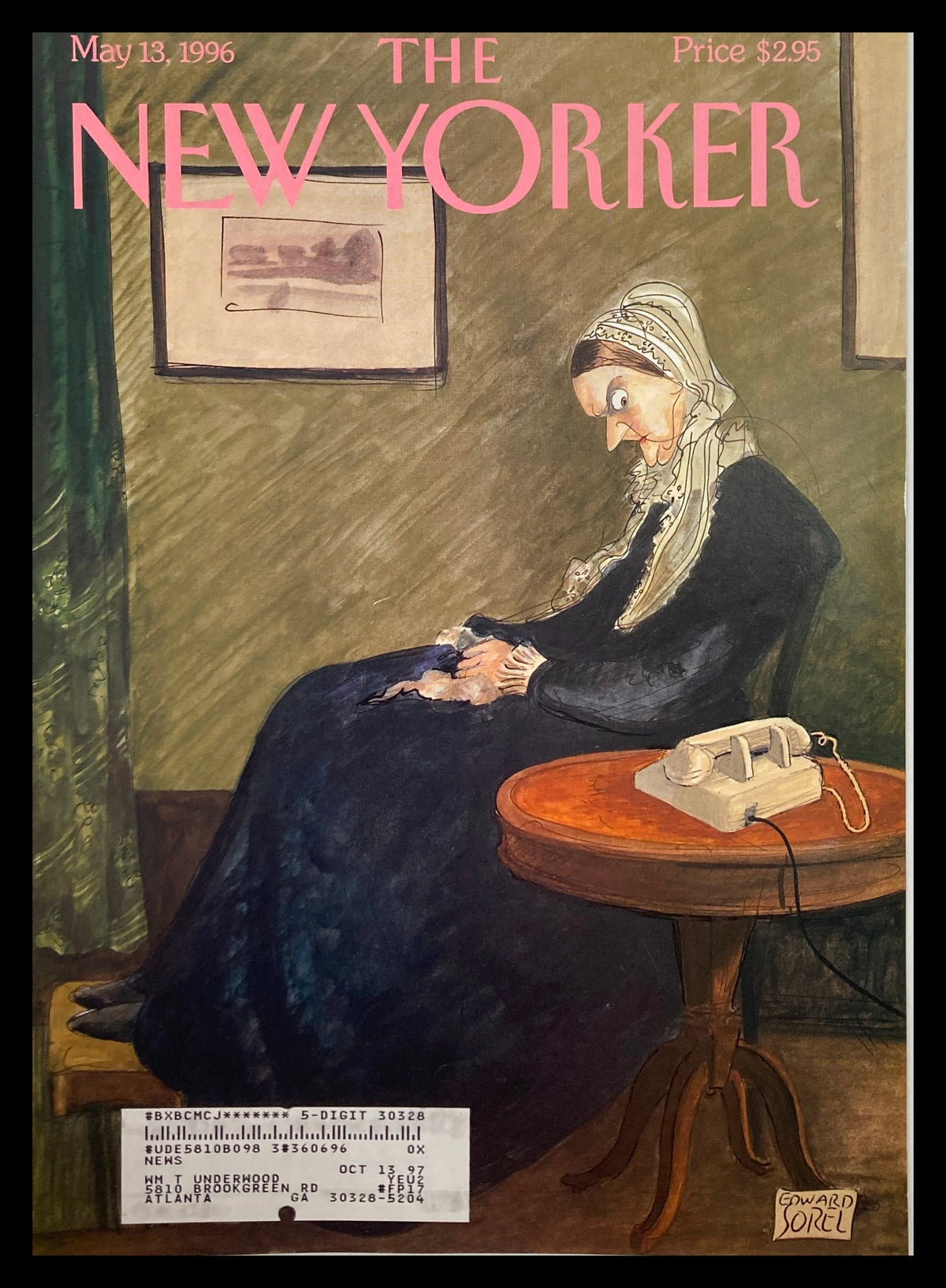 Cover of The New Yorker dated May 13, 1996, titled 'Waiting' by Edward Sorel, depicting a woman sitting in a room with a telephone, showcasing artistic details and vibrant colors, perfect for collectors.