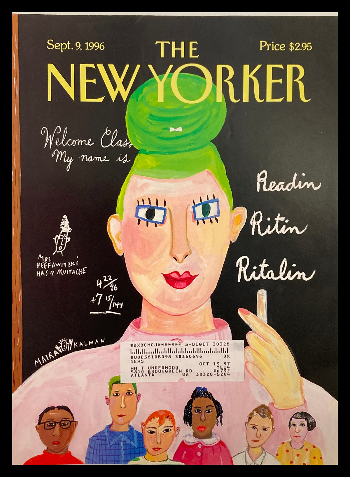 Cover of The New Yorker September 9, 1996, titled 'The Three Rs' by Maira Kalman, featuring an illustration of a colorful character with green hair and a classroom setting, emphasizing themes of learning and creativity.