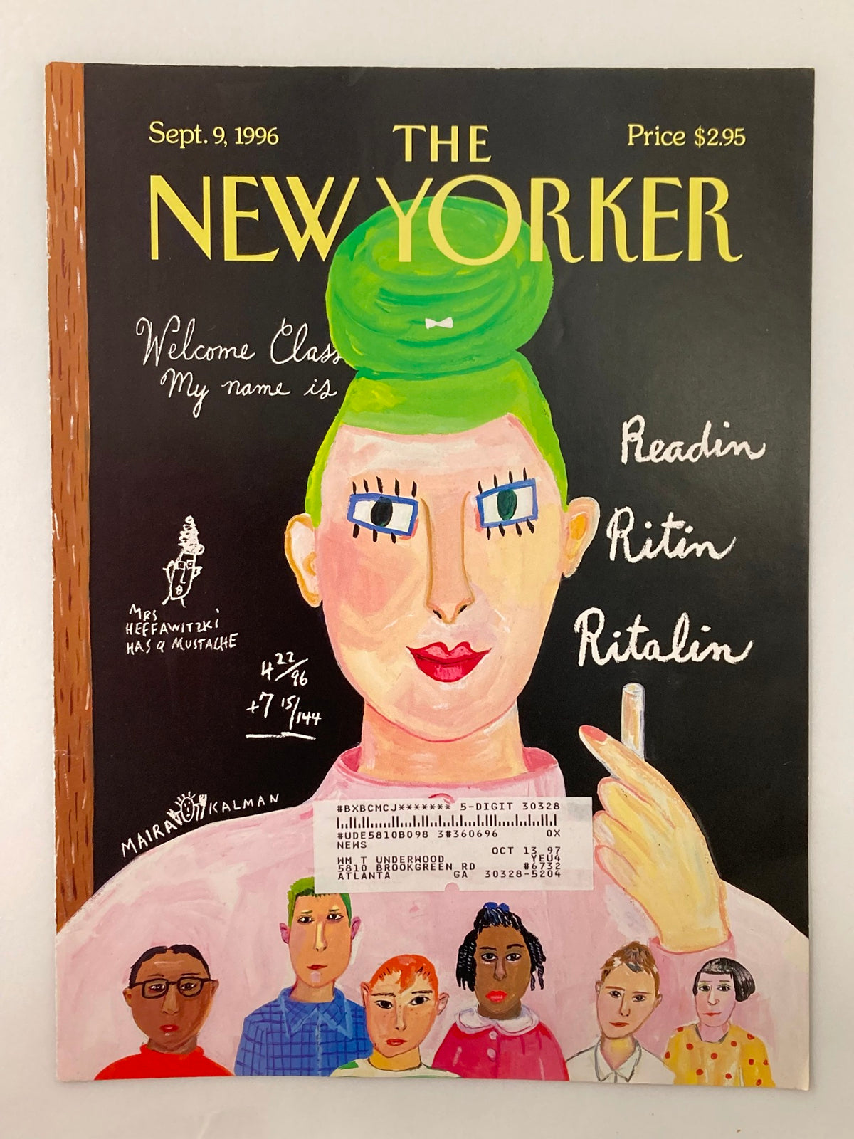 Cover of The New Yorker September 9, 1996, titled 'The Three Rs' by Maira Kalman, showcasing a whimsical illustration with a green-haired character in a classroom, capturing the essence of education and curiosity.