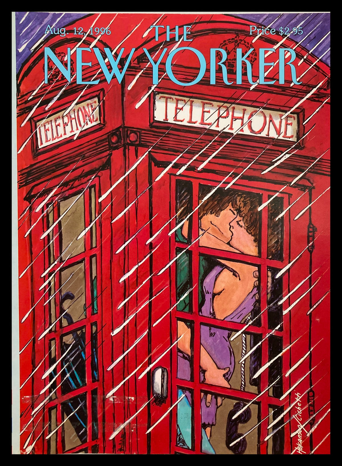 Cover of The New Yorker dated August 12, 1996, featuring a vibrant illustration of a couple embracing in a red telephone booth during rain, titled 'Telephone Booth Love' by Hokanson Cichetti.