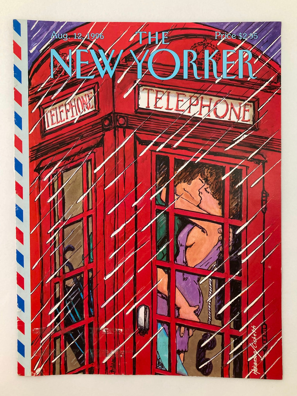 Cover of The New Yorker magazine from August 12, 1996, featuring a colorful illustration of a couple embracing inside a red telephone booth, encapsulated in a rainy scene. Title reads 'COVER ONLY The New Yorker August 12 1996 Telephone Booth Love Hokanson Cichetti'.