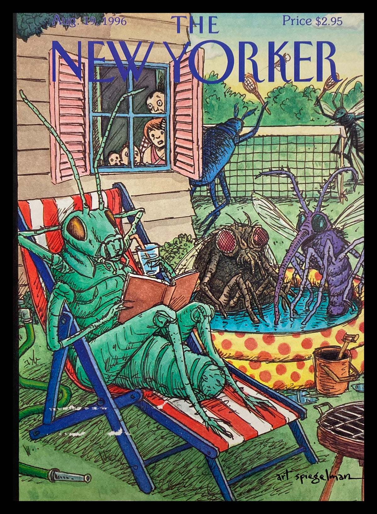 The New Yorker August 19 1996 cover titled 'Summer Buzz' by Art Spiegelman, featuring a whimsical illustration of anthropomorphic insects enjoying summer leisure activities outside a house.