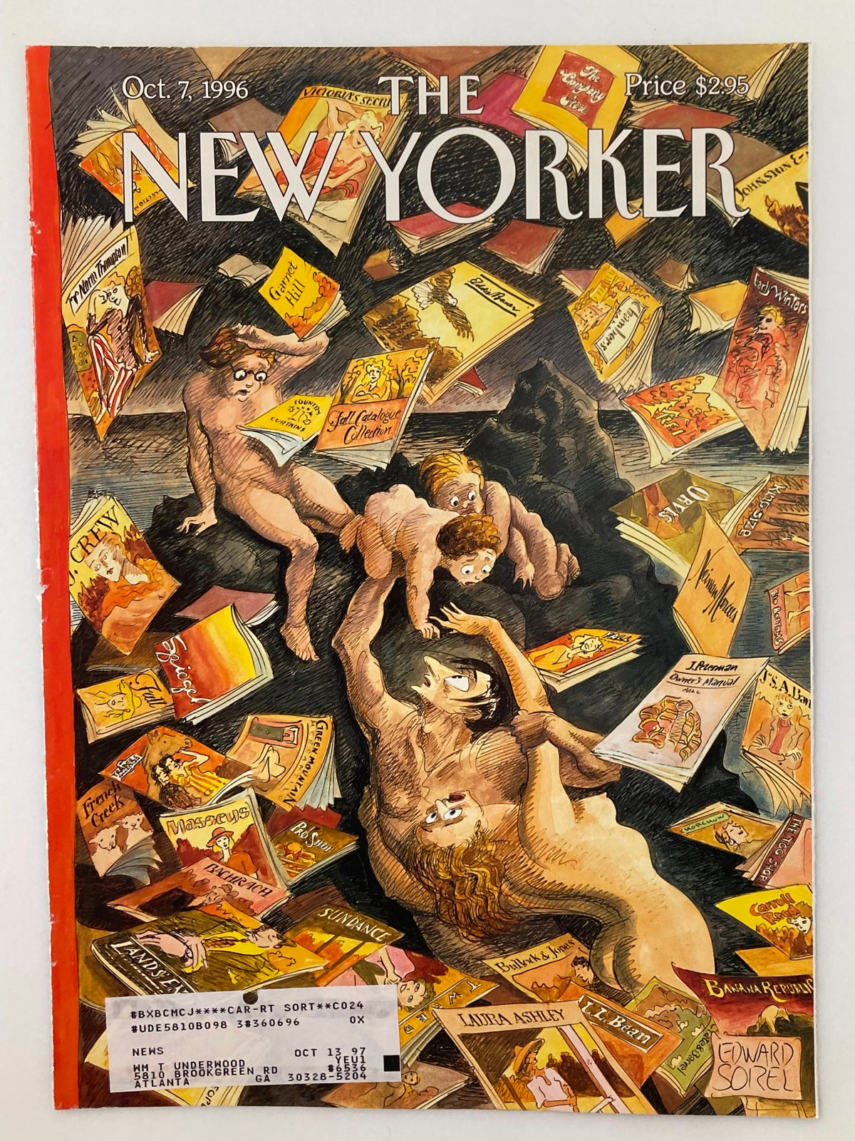 COVER ONLY The New Yorker October 7 1996 The Deluge by Edward Sorel, showcasing dynamic illustration of figures surrounded by colorful magazine covers, representing the magazine's rich artistic heritage.
