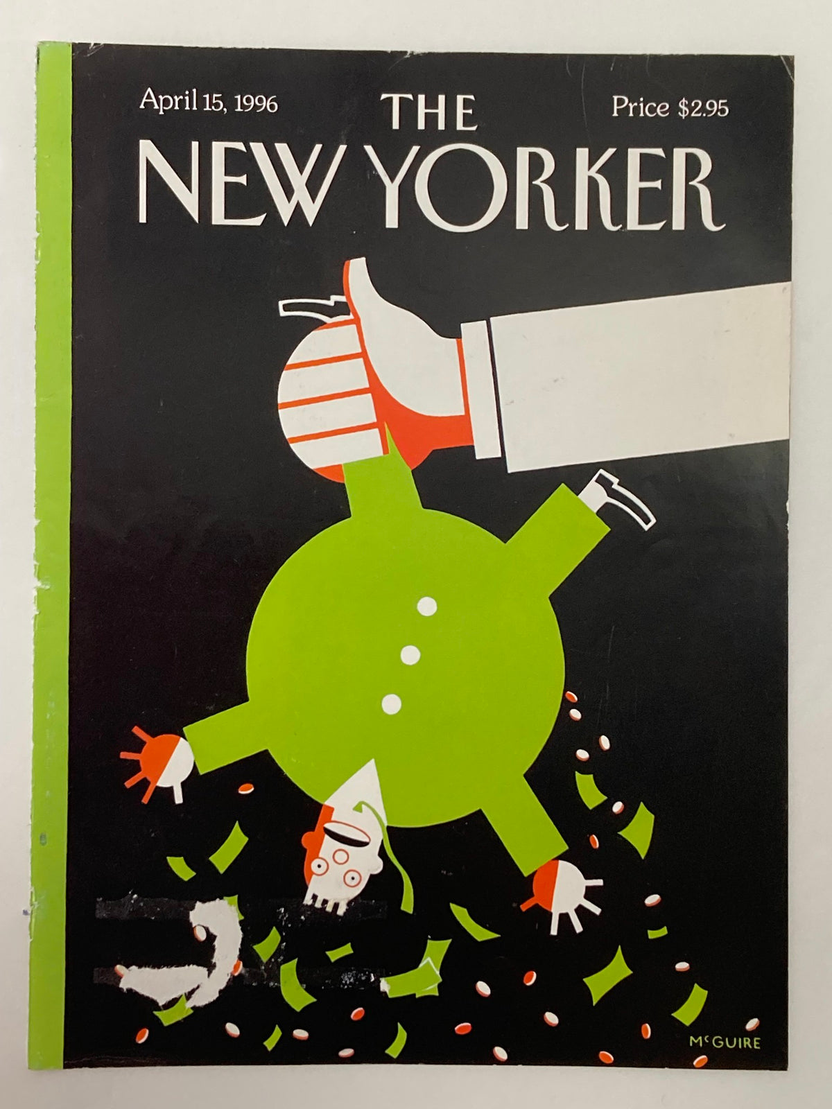 Cover of The New Yorker from April 15, 1996, illustrated by Robert McGuire, depicting a green figure with exaggerated facial features in a humorous illustration, surrounded by falling money.