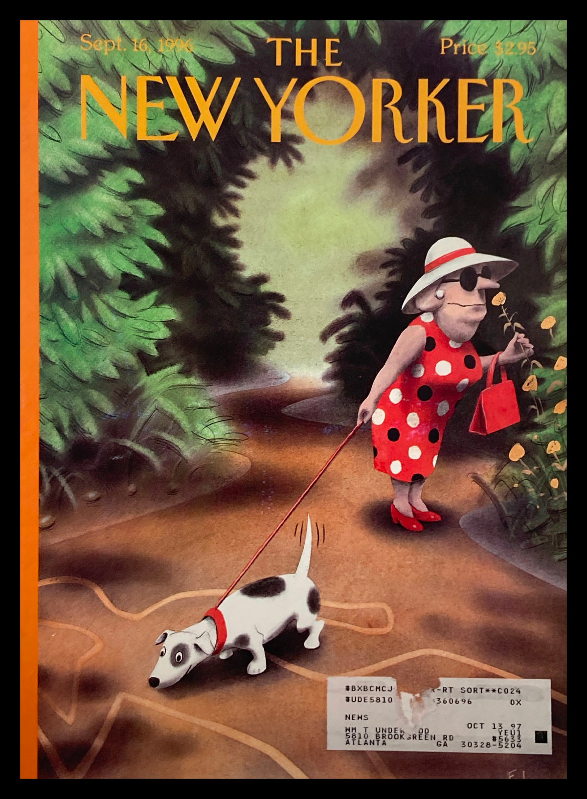 COVER ONLY The New Yorker September 16 1996 featuring an illustrated woman walking a dog in a green landscape, artwork by Ian Falconer.
