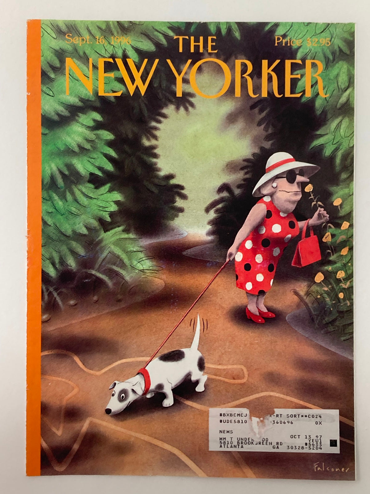 COVER ONLY The New Yorker September 16 1996 showcasing a whimsical scene of a woman in a polka dot dress walking a dog, illustrated by Ian Falconer.