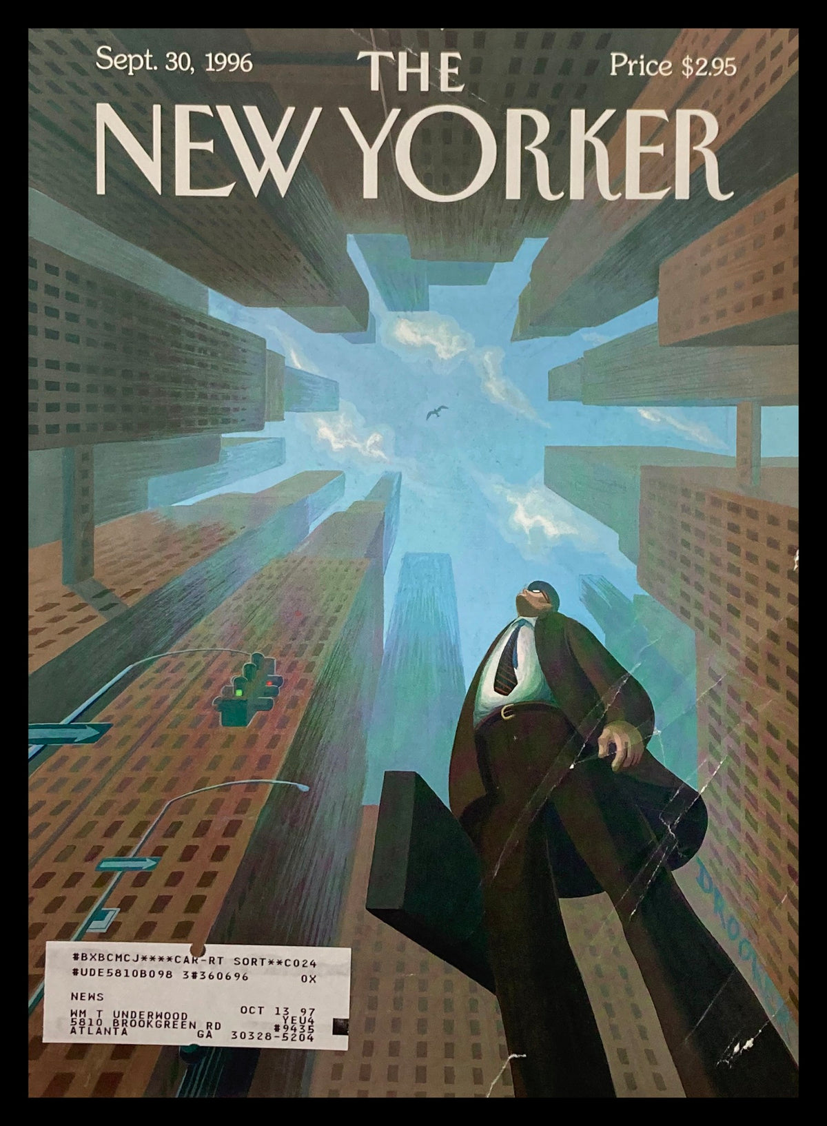 COVER ONLY The New Yorker September 30 1996 Upwardly Mobile by Eric Drooker featuring a towering businessman in a cityscape with high-rise buildings and a bright blue sky.