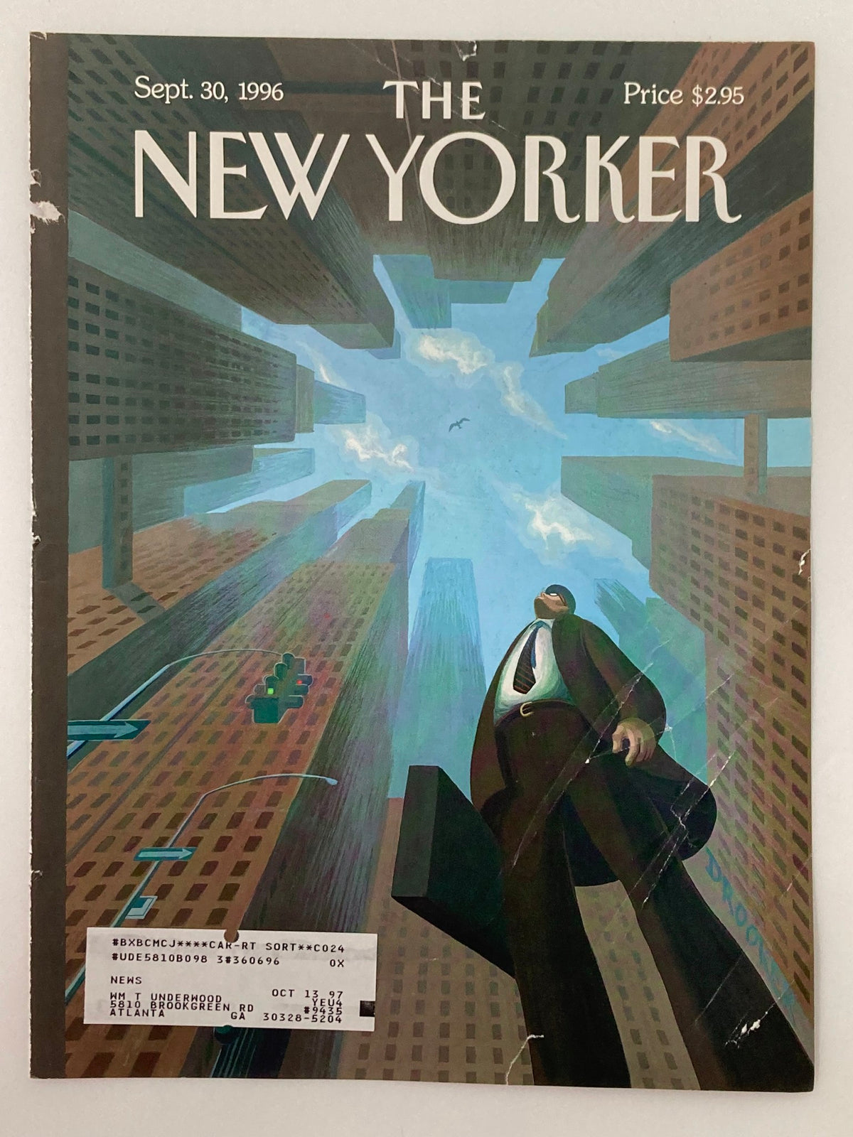 COVER ONLY The New Yorker September 30 1996 Upwardly Mobile by Eric Drooker showcasing the iconic artwork of a businessman standing amidst a bustling urban landscape, with intricate details of skyscrapers above.