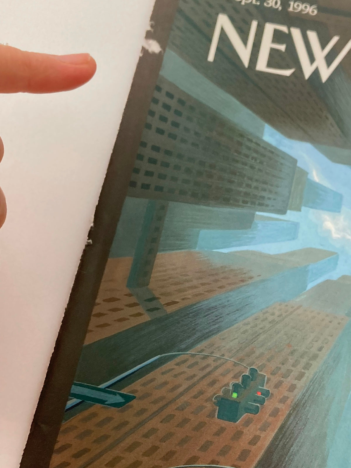 COVER ONLY The New Yorker September 30 1996 Upwardly Mobile by Eric Drooker featuring close-up of the magazine cover, highlighting minor wear, the title and the traffic light symbolizing urban life.