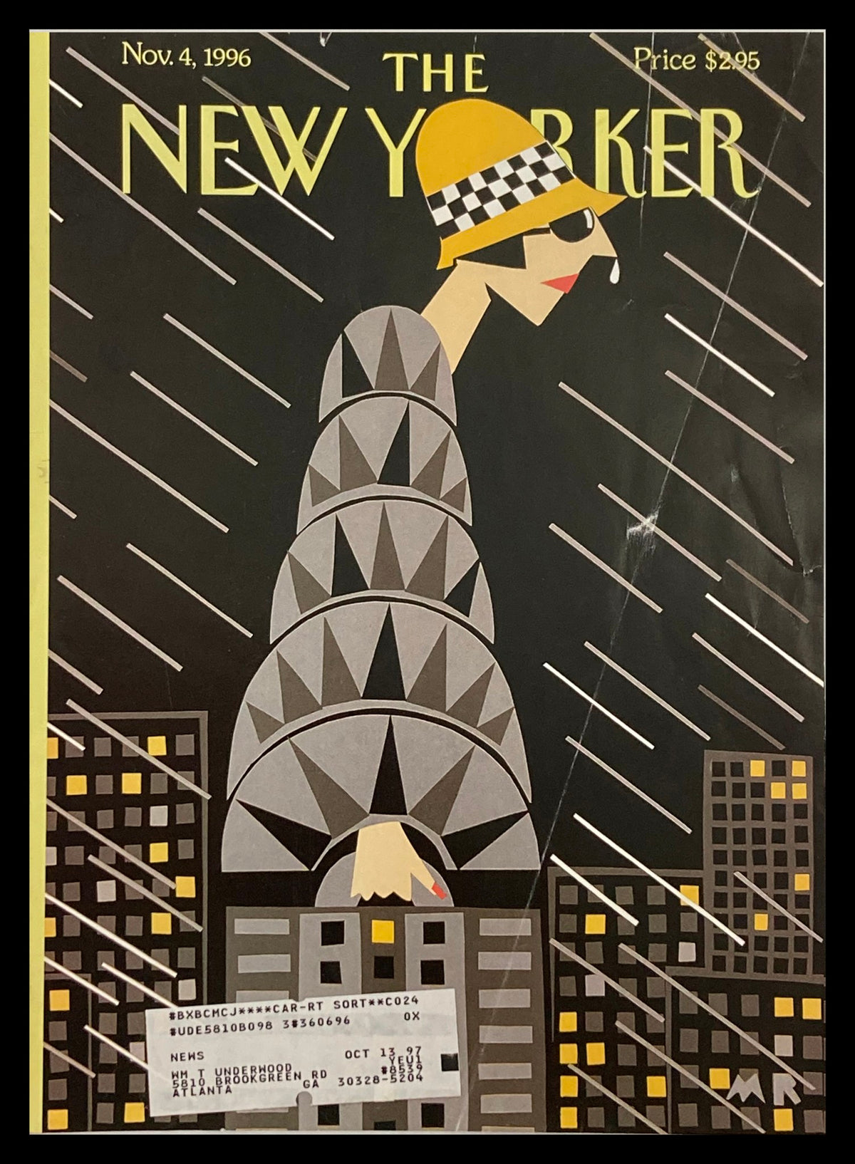 Cover of The New Yorker dated November 4, 1996, featuring 'The Height of Fashion' artwork by M. Roberts. The illustration depicts a fashionably dressed woman with a yellow hat and geometric patterns against a backdrop of rainy city buildings.
