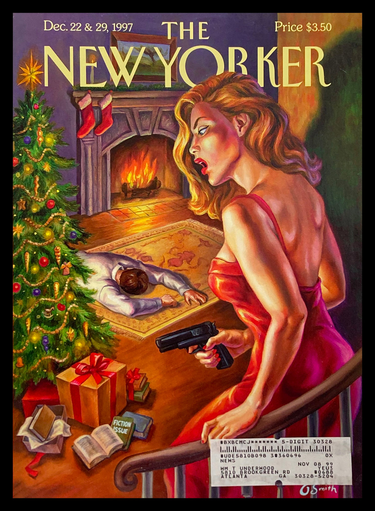 Cover of The New Yorker magazine dated December 22 & 29, 1997, featuring a dramatic illustration of a woman in a red dress holding a gun, standing near a fireplace with a dead man lying on the floor. The scene includes a Christmas tree and presents, highlighting a unique holiday-themed artwork.