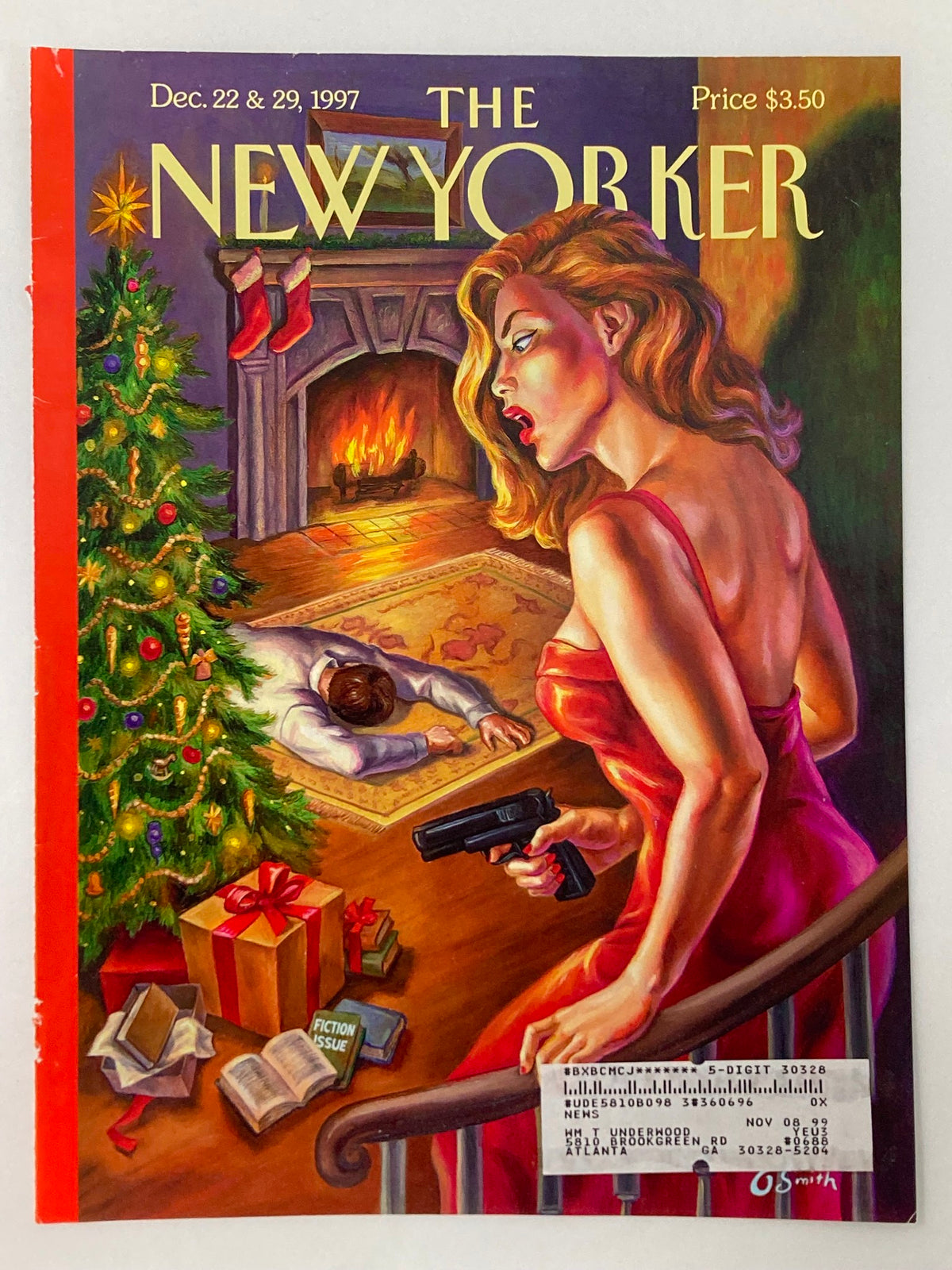 Cover of The New Yorker magazine December 22 & 29, 1997, showcasing a striking illustration of a woman in a pink dress brandishing a gun, with a festive fireplace backdrop and a Christmas tree, enhancing the intriguing and festive yet somber theme of the cover.