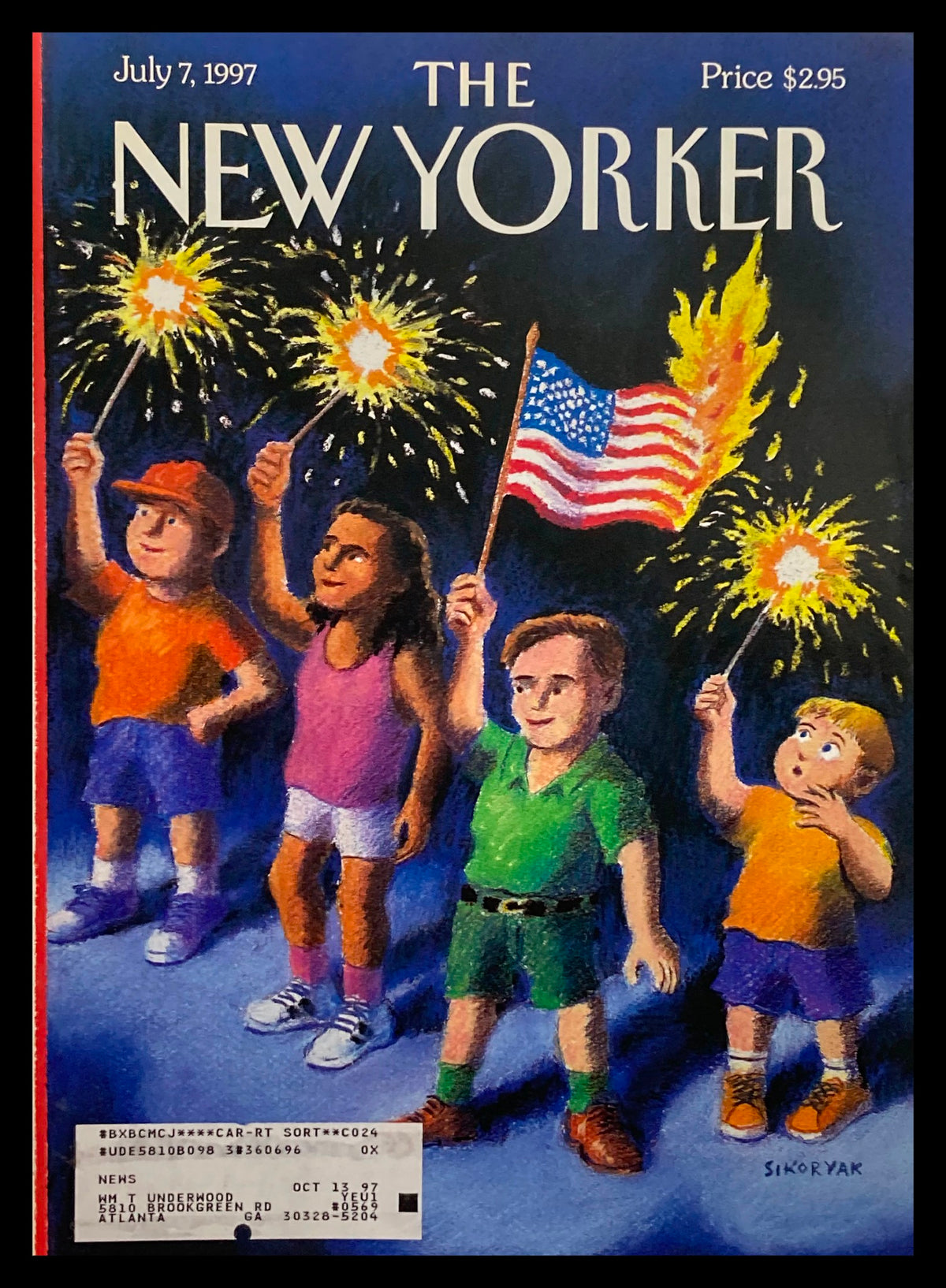 The New Yorker July 7 1997 cover titled 'Fireworks' illustrated by Robert Sikoryak, featuring children celebrating with sparklers and an American flag, capturing the festive spirit of summer.