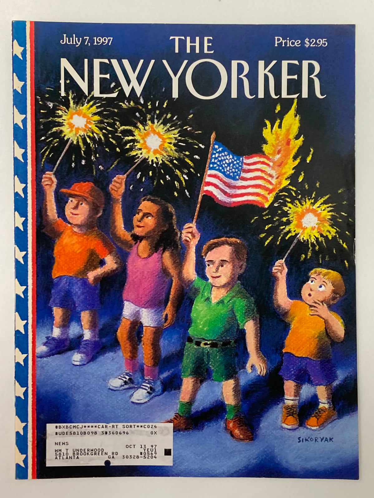 The New Yorker July 7 1997 cover titled 'Fireworks' by Robert Sikoryak, showcasing joyful children holding sparklers and an American flag, embodying the excitement of summer celebrations.