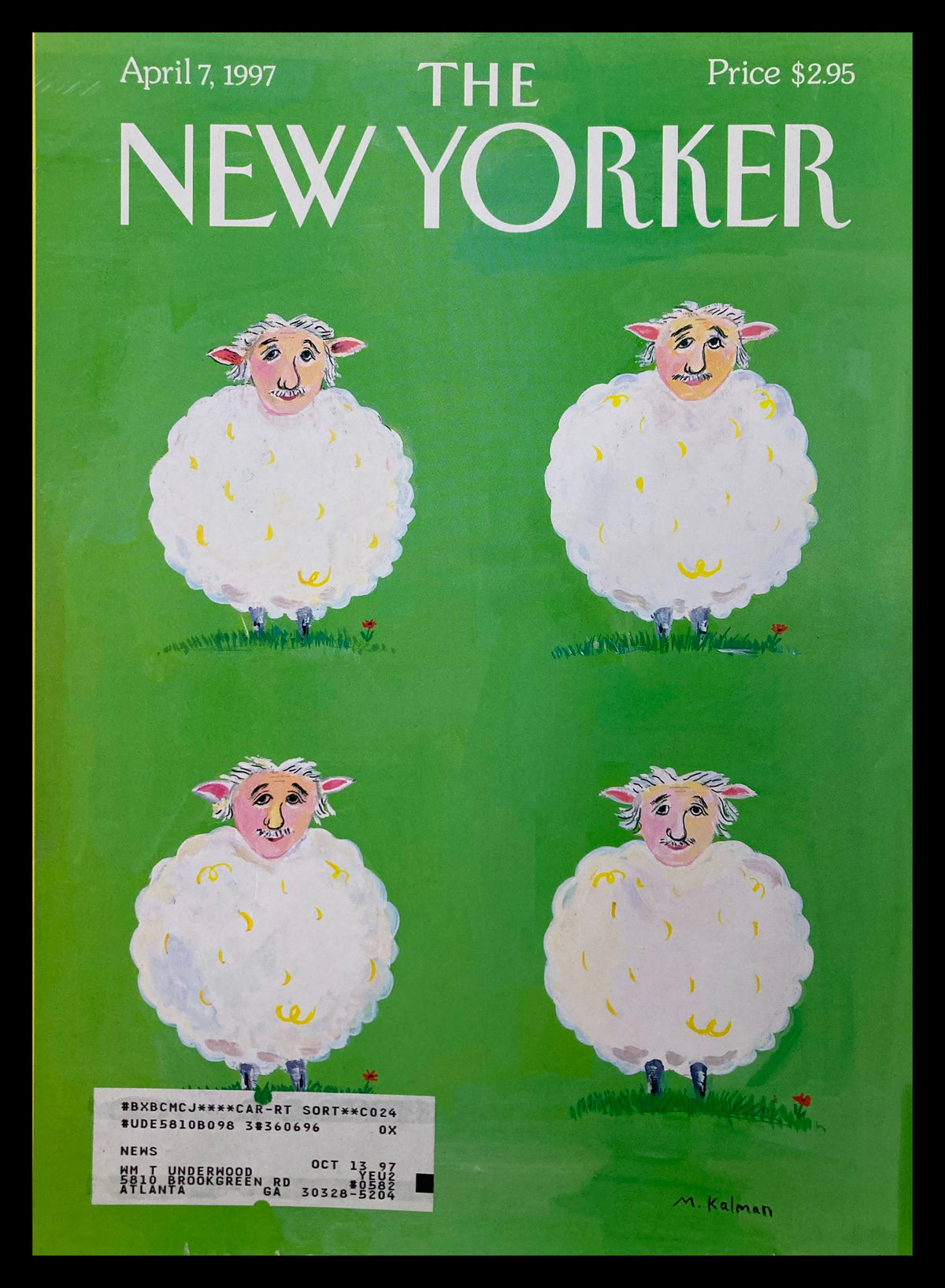 Cover only of The New Yorker dated April 7, 1997, featuring whimsical illustrations of sheep by Maira Kalman, showcasing humor and vibrant colors for art and magazine enthusiasts.