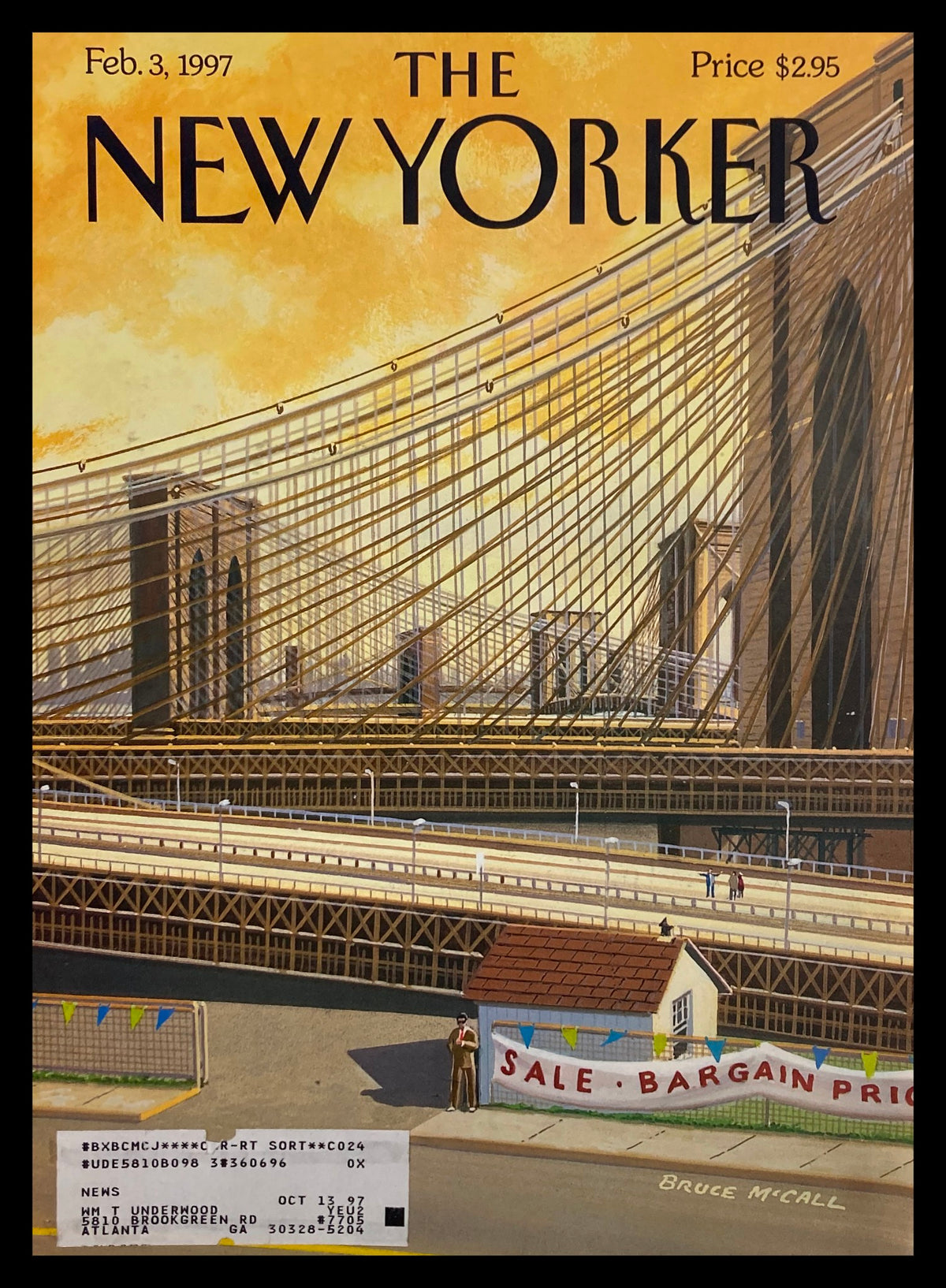 Cover art of The New Yorker dated February 3, 1997, titled 'Sale of the Century' by Bruce McCall, featuring a depiction of the Brooklyn Bridge and a sale banner.