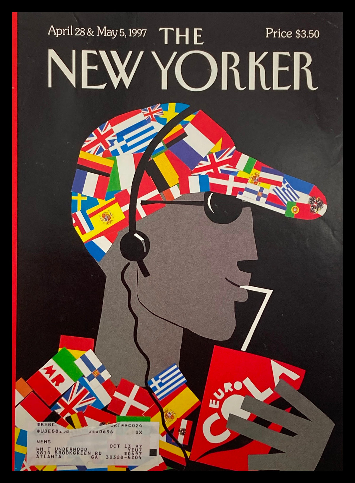 Cover of The New Yorker April 28 1997 titled 'Eurocentric' by Michael Roberts, featuring a stylized illustration of a person wearing headphones and multiple international flags on their cap, holding a drink.