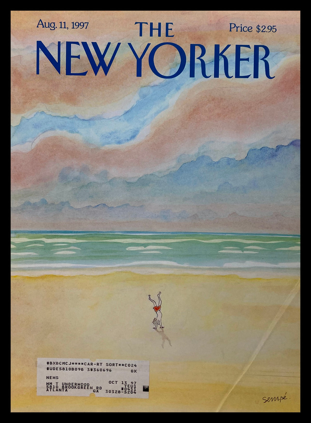 Cover of The New Yorker magazine from August 11, 1997, titled 'Les Pieds Sur Terre' by J. J. Sempé, featuring whimsical beach scene with a figure performing a handstand on the shore.