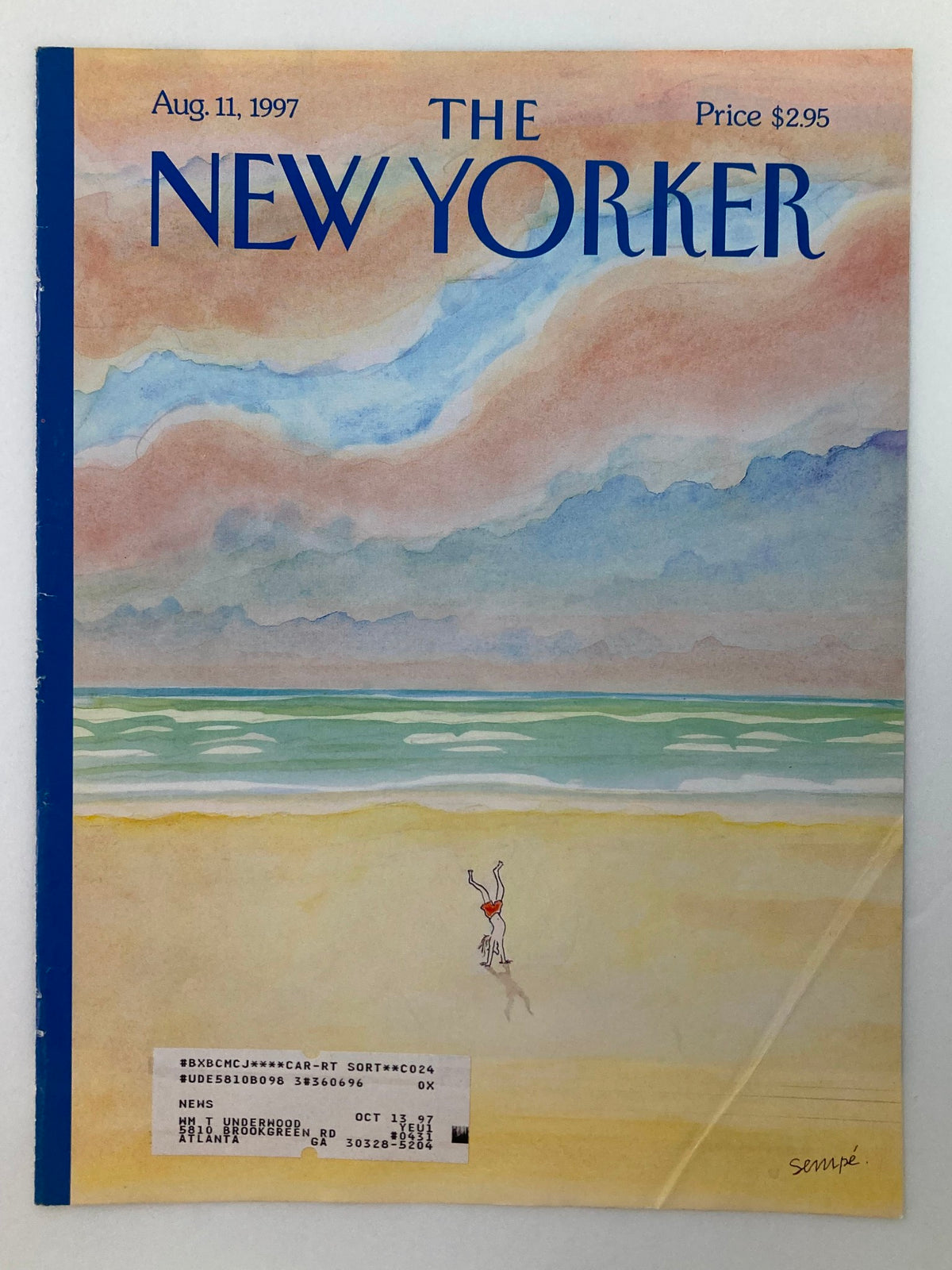 Cover of The New Yorker dated August 11, 1997, featuring whimsical beach illustration by J. J. Sempé with a figure doing a handstand on the sand.
