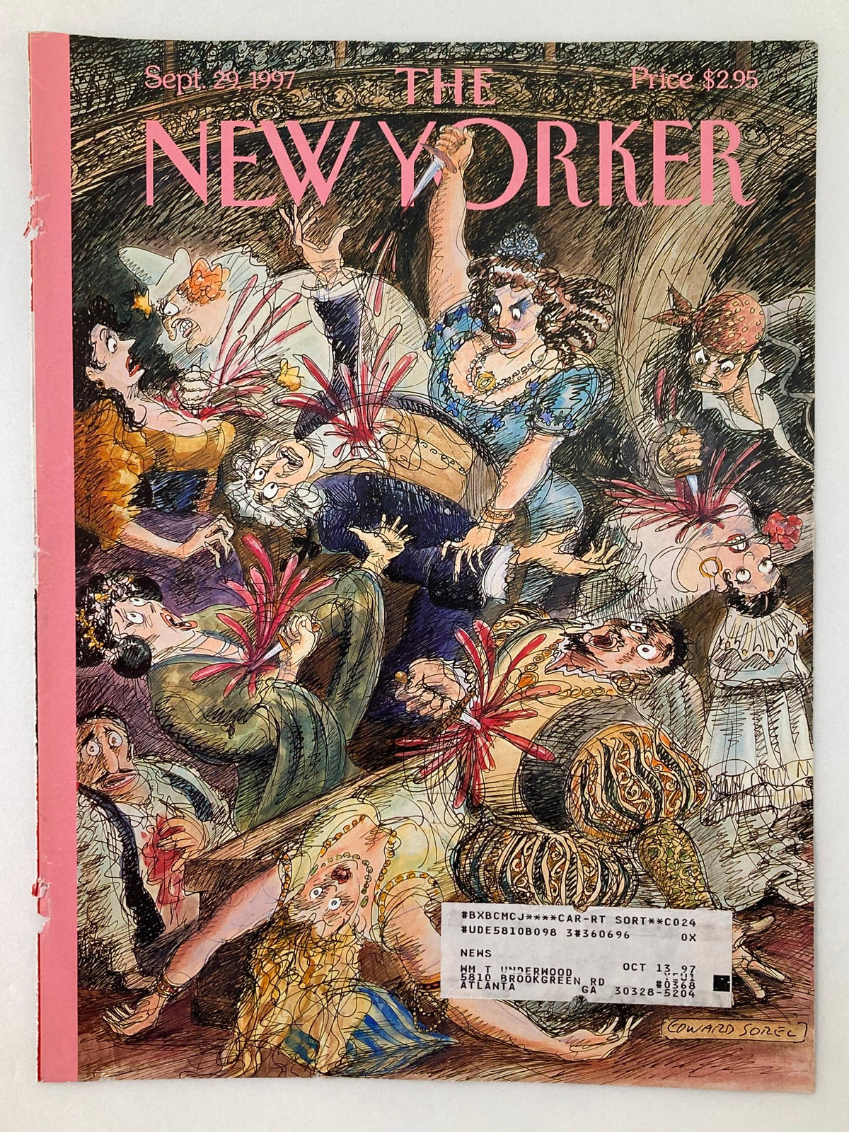 The New Yorker September 29 1997 cover art 'Opening Night' by Edward Sorel, showcasing a lively and chaotic performance scene with exaggerated theatrical expressions and rich detail in clothing and accessories.