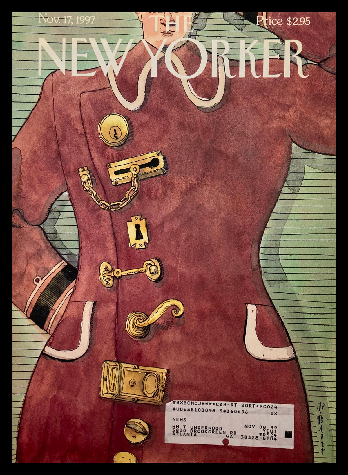 Cover of The New Yorker November 17, 1997 edition titled 'Locked Up' by Barry Blitt, featuring a striking illustration of a character adorned in a coat with various locks and keys.