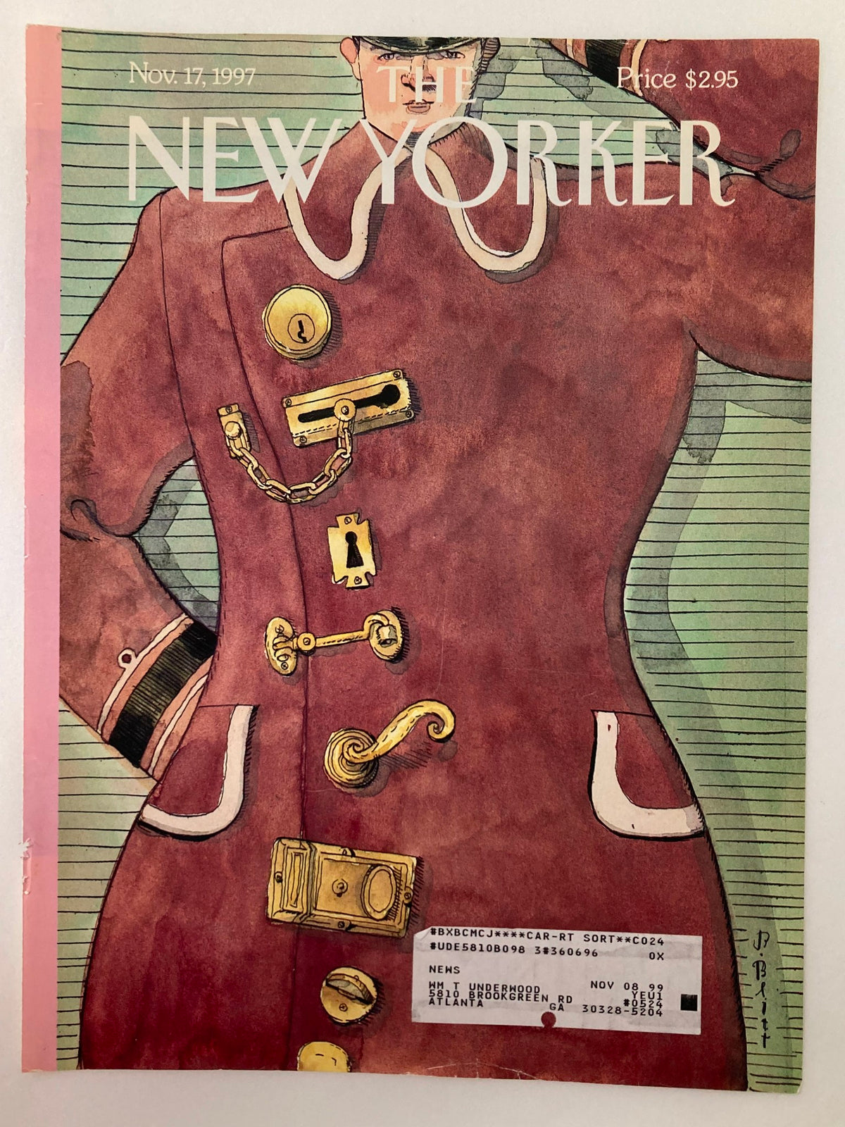 The New Yorker cover from November 17, 1997, titled 'Locked Up' by Barry Blitt, showcasing an impressive illustration with details of locks and a character's features.