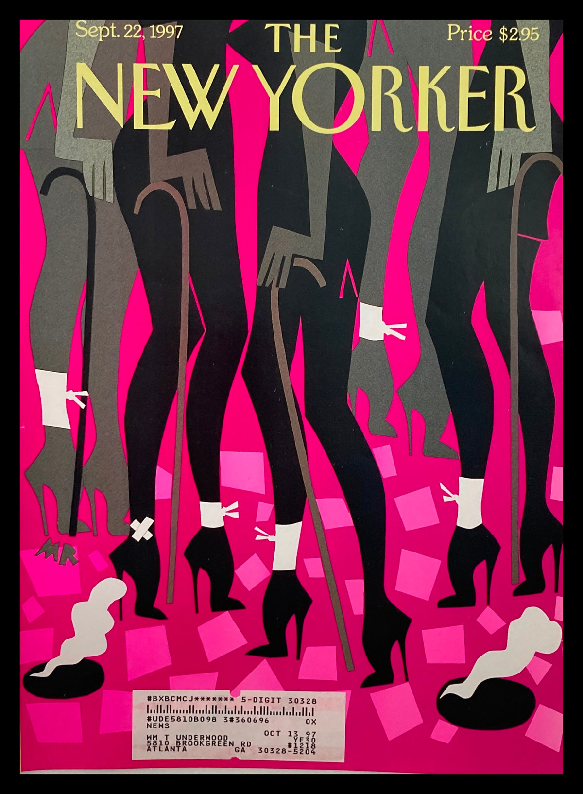 Cover only of The New Yorker from September 22, 1997 featuring the illustration 'Head Over Heels' by Michael Roberts, showcasing stylish figures in high heels against a vibrant pink background.